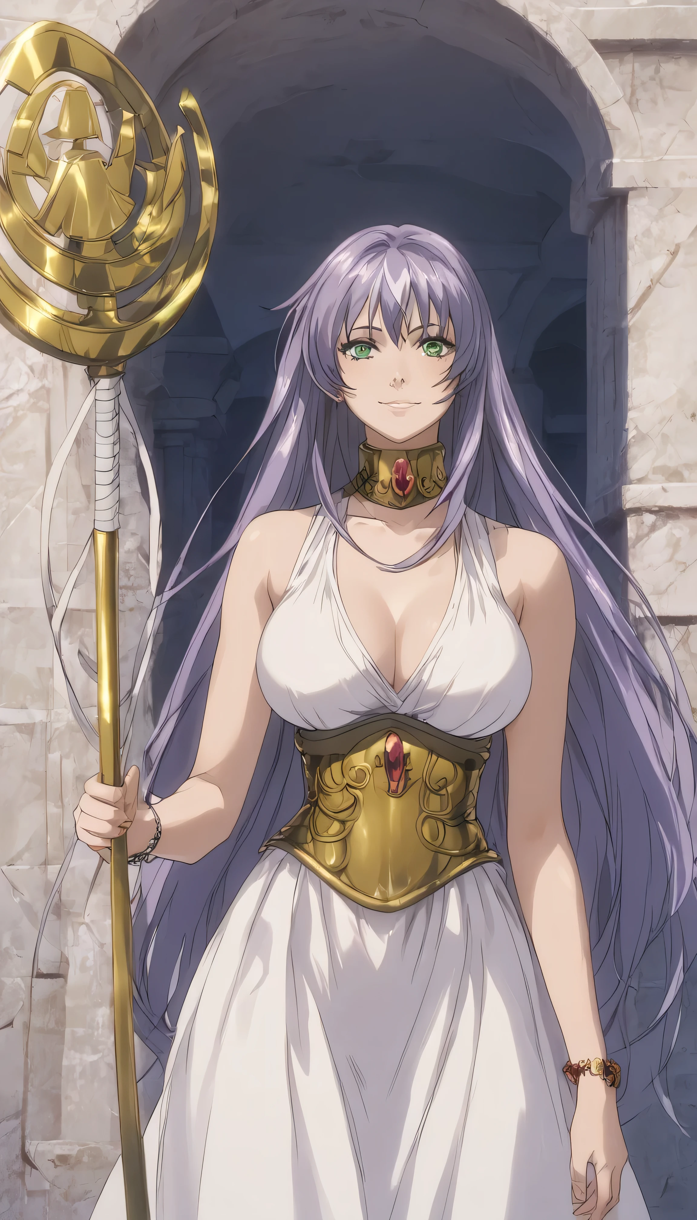 score_9, score_8_ up, score_7_ up, score_6_ up, source_ One girl , standing, white skin, final, seductive smile, Front View, Watch viewers, excited, 1 girl, Sasha, green eyes, Purple Hair, long hair, Big Breasts , clevis on a stone, white dress1, dress, neckline , Petal Bracelet, Gold Belted , gem, staff, High Quality , wallpaper