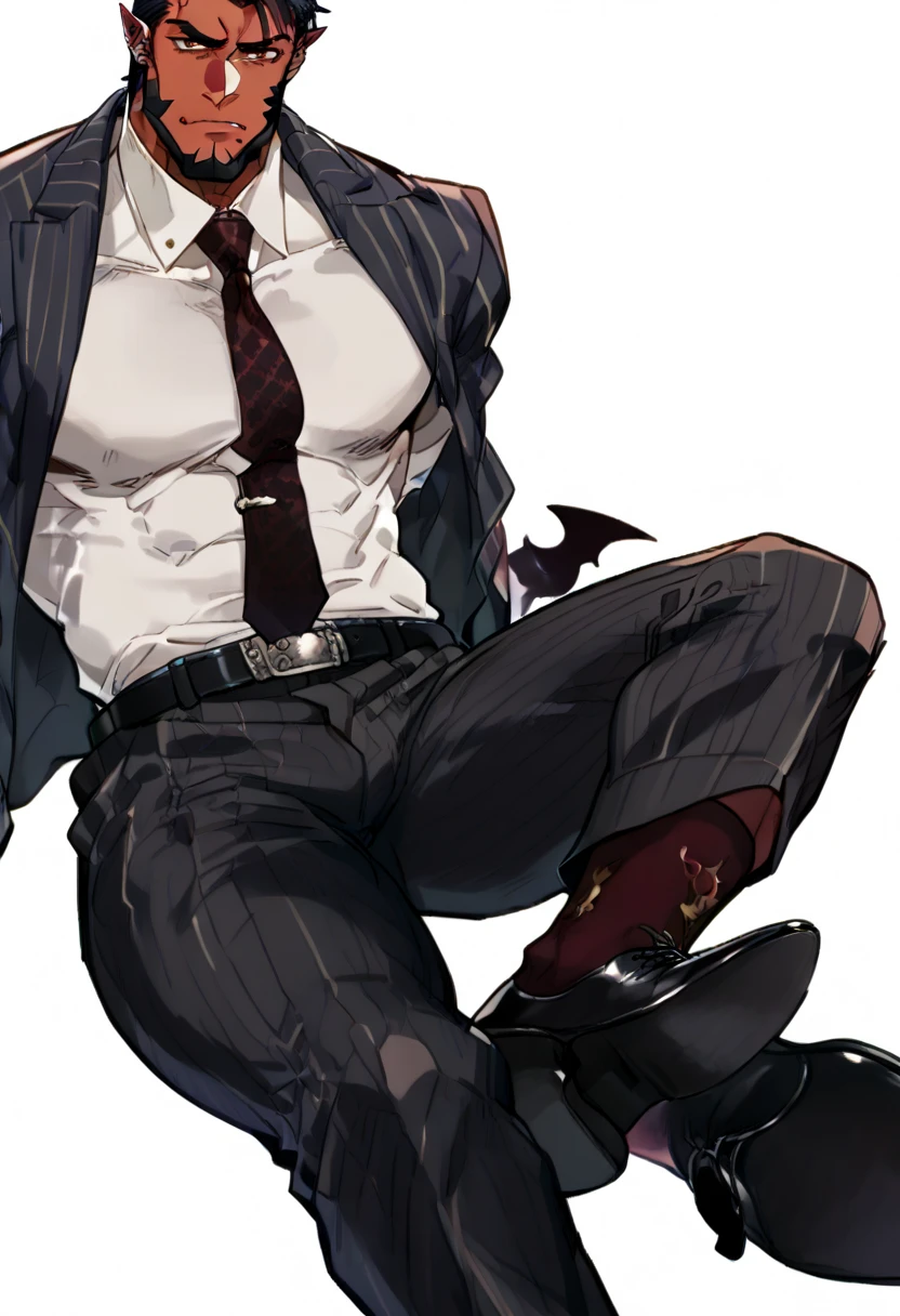{{bara extremely handsome white tiger,}} {{white fur,}} white, wearing military like purple trench coat, purple trousers, white dress shirt and necktie, white fluffy furry body and limbs, loafers, very tall, very broad shoulders, narrow waist, muscular arms, massive pecs, purple eyes, very long legs, sitting on swivel chair with legs spread, from below perspective, massive bulge, sophisticated hot look, sexy pose, full body, sunlight casting over, 3/4 view, best quality, high quality, silver earring on left ear, sultry smirk