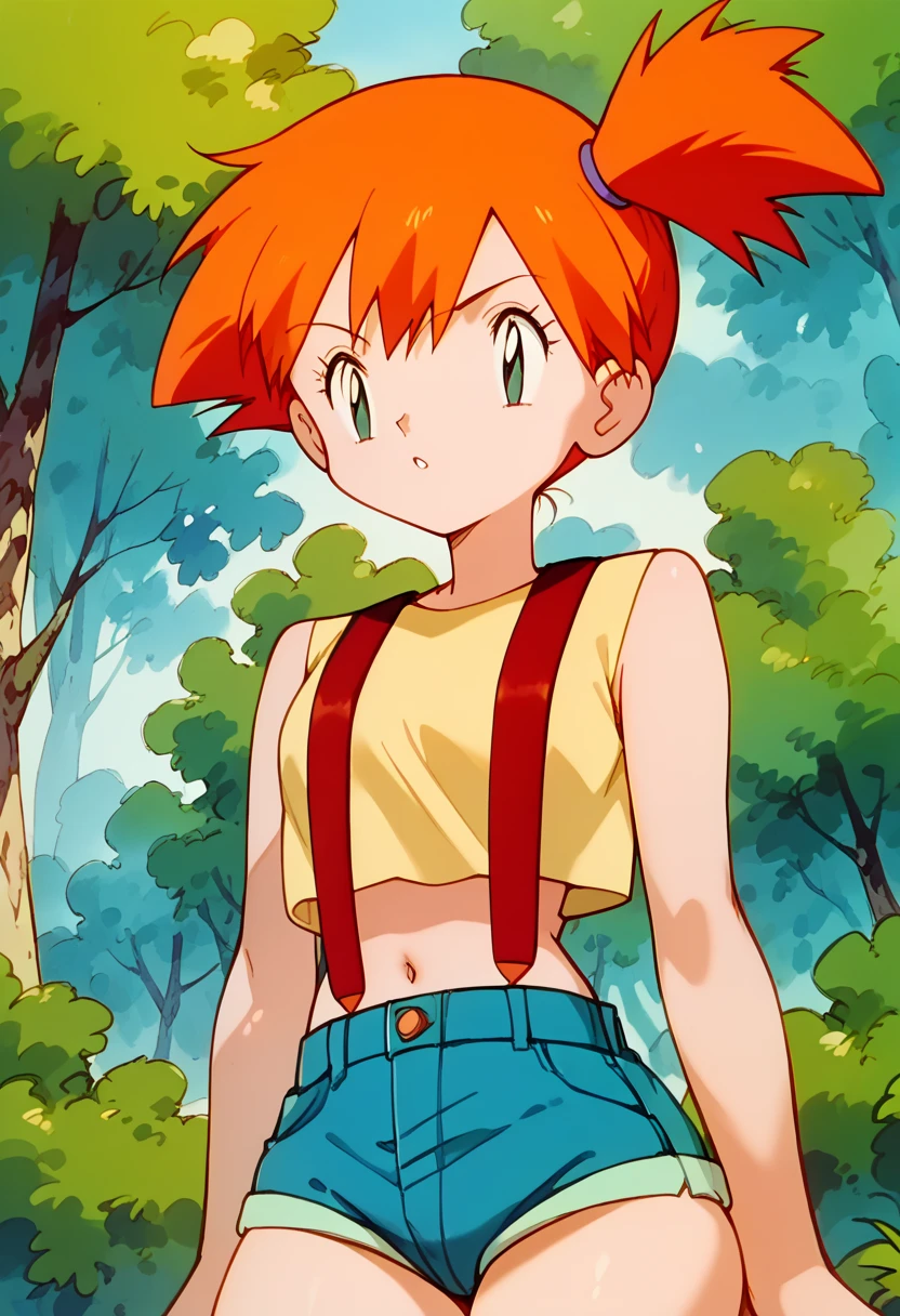 masterpiece, High Definition , top quality ,8k
(Misty,young,orange hair)
(Yellow sleeveless t-shirt,Belly button exposed, denim hotpants that span a tree,Red suspenders)