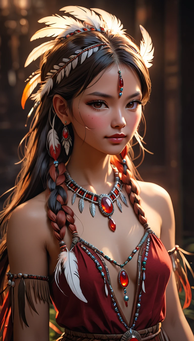  One Girl , Native American , Feather, hair ornament ,gem, necklace,Tribe,Head ornament, upper body red ,Pigments, braiding , upper body red , Wow_fast_ no _Freezing_ style for stilets,  One Girl  in full growth, 最 High Quality , masterpiece,  super detailed ,  High Quality , perfect  no se,   highly detailed skins for your birthday,  Warm skin tone  , Rebellion 512 ,  RAW photo, 最 High Quality ,  High Definition , (masterpiece),  dreamy,  dreamy, modelshoot  style for stilets, analog  style for stilets,  Tone Mapping ,  realistic , Professional photography,  sharp concentration,  High Definition , 8k resolution,  delicate details without lighting, Refined details,  super detailed , ( Depth of Written Boundary), Light and Dark,  Volume Lighting ,   Cinematic Flowers  ,  Professional Light,  show viewers ,  discovered ,