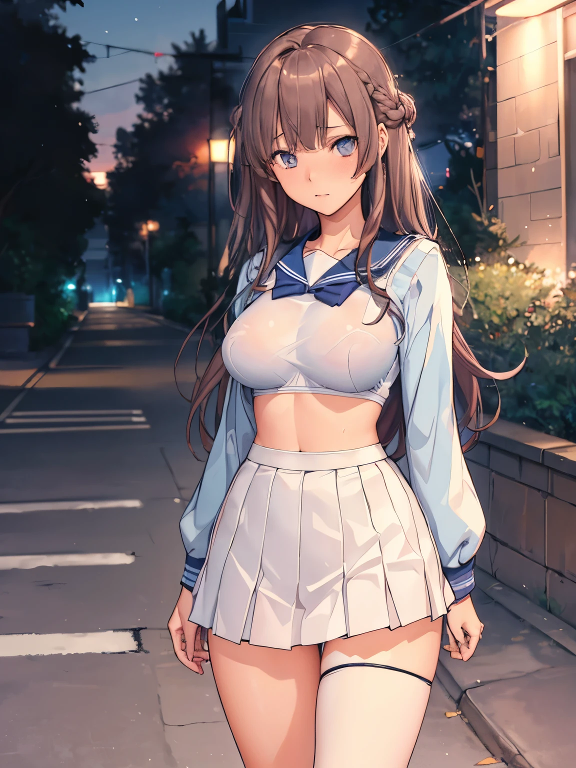 masterpiece,  top quality ,  High Definition ,   long hair,  sailor suit、 College Student 、 Miniskirt 、 light blue bra、Light blue panties、 standing,  cowboy shot,  outdoors on the street at night,  ahehe,nsfw,Meaty thighs、 Big Breasts 、 embarrassed expression、 sexy