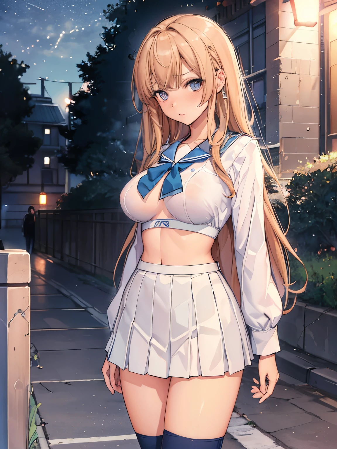 masterpiece,  top quality ,  High Definition ,   long hair,  sailor suit、 College Student 、 Miniskirt 、 light blue bra、Light blue panties、 standing,  cowboy shot,  outdoors on the street at night,  ahehe,nsfw,Meaty thighs、 Big Breasts 、 embarrassed expression、 sexy