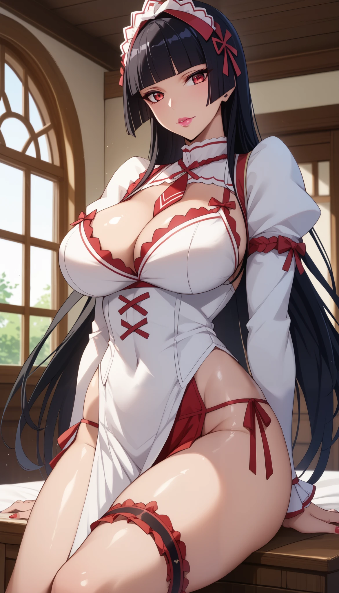  perfect eyes、 perfectly sexy face、 ultra detailed lingerie top、ultra perfect eyes、Rory Mercury、Gate Jieitai Kanochi Nite、 long hair、 black hair、 red eyes 、fringe、blunt fringe、hime cut、 pink lips 、little woman、 shiny hair 、( Big breasts ), showing cleavage、 tight waist 、 fine winding、 Thigh straps 、 shiny skin、Beleza、erotic、 looking at the viewer 、