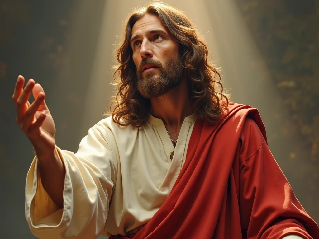 The image depicts Jesus Christ with long hair, a beard, and wearing a white robe with a red cloak draped over one shoulder. Jesus extends His hand in a gesture of welcome and compassion, symbolizing an invitation or offer of guidance and support. jesus ca