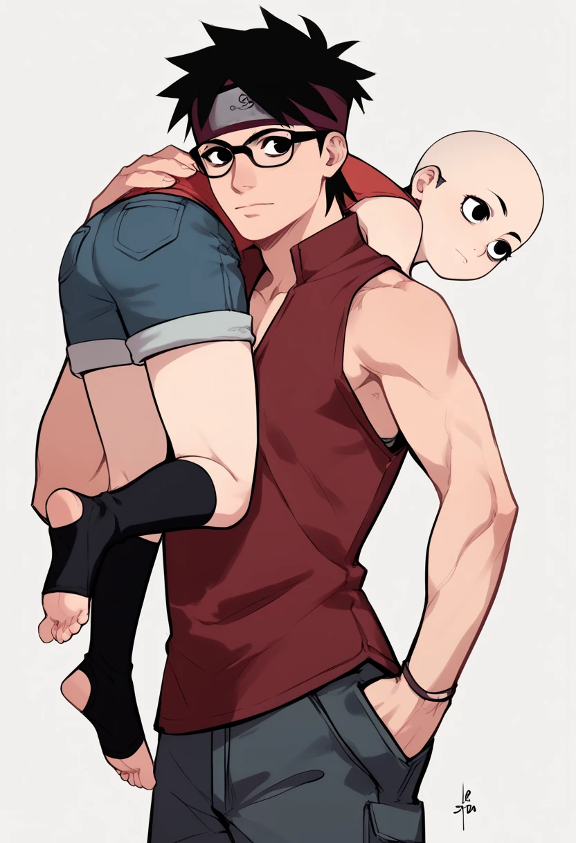 score_9, score_8_up, score_7_up, BREAK1girl, sarada, black eyes, black hair, short hair, glasses, headband,shorts, thighhighs, toeless shoes, red sleeveless dress, (lora:SaradaXL:1) Being carried on the shoulder, back view. 

1boy, upper body, bald_boy, bald male, bigger male, taller male, carrying on shoulder, carrying_over_shoulder, naked, size difference, 