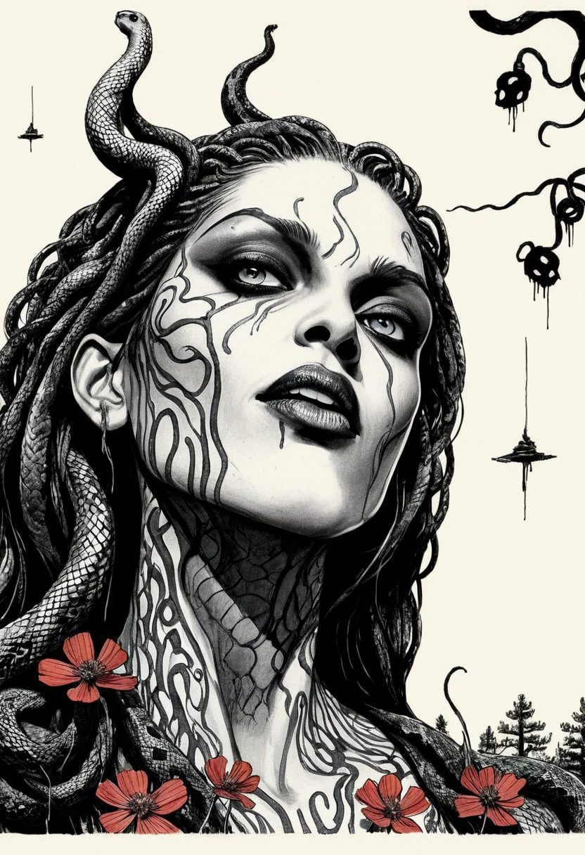 Medusa, northern lights, snake lightning, snakes to the heavens, hand drawn ink on paper illustration, double exposure, optical illusion, snake skin dress, full length body, (lamia, gorgon, snake woman hybrid, human upper-body, snake tail lower-body), fullbody, snake-haired, bald, hairless, (face, ornate black metal corpse paint, resembles Grace Jones), (background, pine barrens, entropy, rewilding, magic hour nautical twilight), (art style "Sean Gordon Murphy" comic drawing, splash panel), body drawn in Frederic Delavier musculature anatomical illustration art style, candid, the snake-haired head is covered in snakes that resemble pantera great southern trendkill, silhouette, full length body portrait, (body, Naga, snakefolk), (colors, forest green to earth brown, merge bleak muted deep fiery radiant glowing CMYK hues, (horror, abstract, surreal, body, cosmic), (art style Gerardo Zaffino charcoal), nyctophobia,