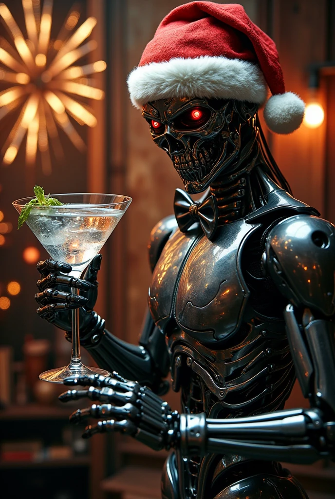 Cyberdyne Systems Model 101 Terminator, skinless, metallic arm outstretched offering a martini glass, akin to Di Caprio's pose from "The Great Gatsby", He looks at the camera, holds out a martini glass forward to the camera. adorned with a bow tie and Santa hat, red eyes piercing through, against a backdrop of out-of-focus glittering fireworks, all captured in a studio setting with dramatic lighting creating deep contrasting shadows, captured in extreme close-up, sharply focused, in a digital cinematic fine art style, superfine 32k DSLR photograph, utilizing the subtle, artistic nuances of a carefully crafted, and the professional, optical precision of a Canon lens, to create a breathtaking  masterpiece. ultra fine. ultra-detailed textures, pure perfection. High Resolution, High Quality