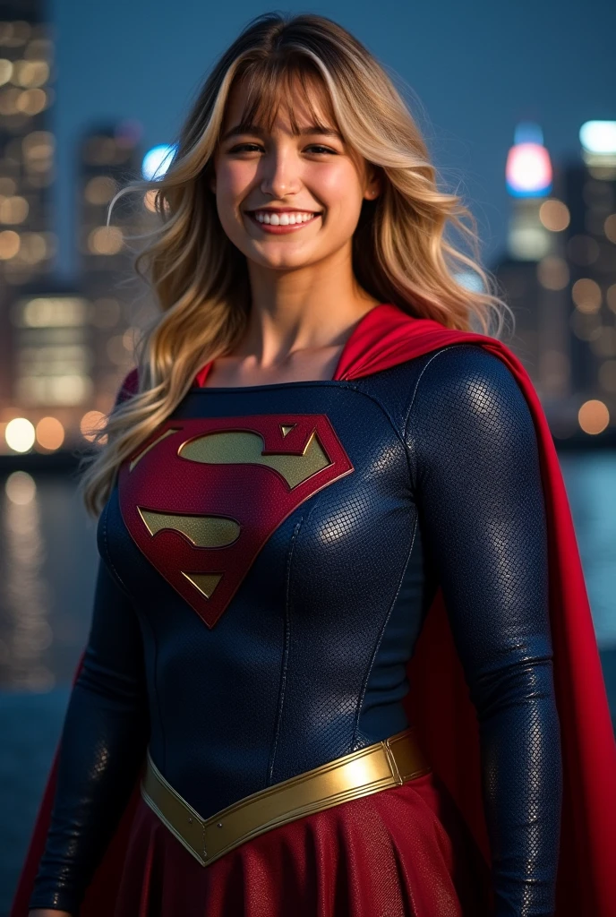 cinematic film still of ((Millie Gibson)) as supergirl ,wearing supergirl suit, standing on a roof top overlooking a city ,look up, serious expression, depth of field, telephoto lens, medium blonde hair, looking up,(full body focus),half closed-eyes, central composition, night time, at night, shallow depth of field, highly detailed, high budget, bokeh, cinemascope, depressing, epic, gorgeous, film grain, grainy, ((Interrupted left brow)),