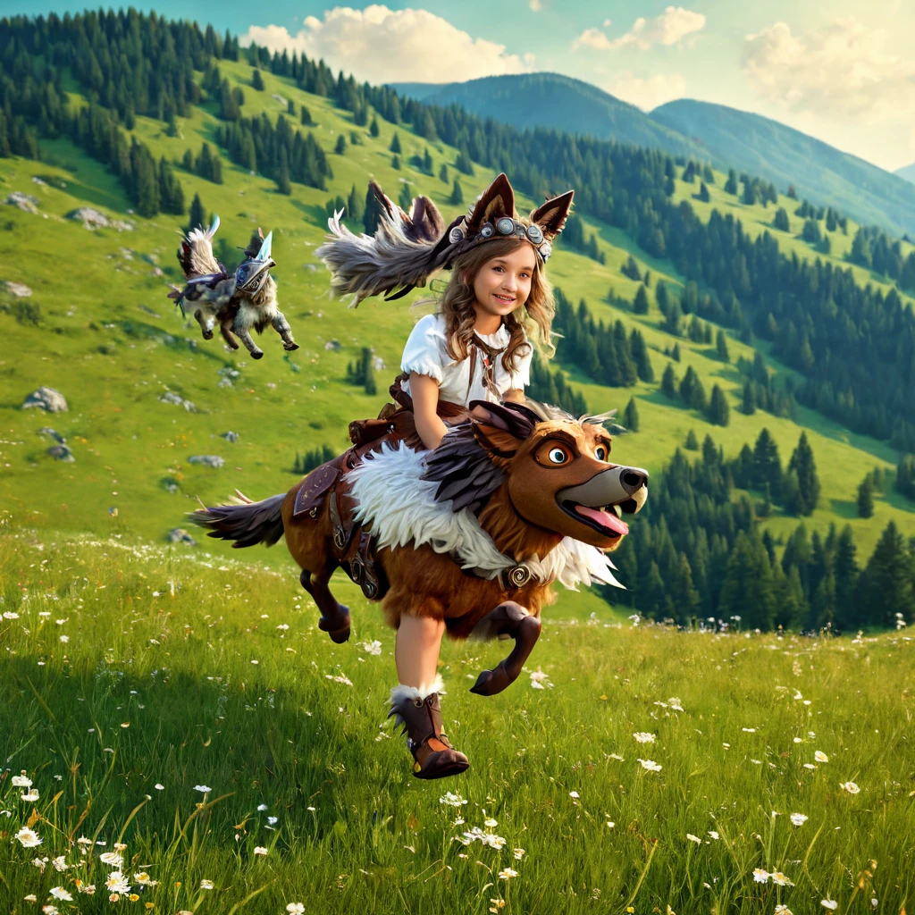 cute girl flying on griffon over mountain meadow, wolf ears