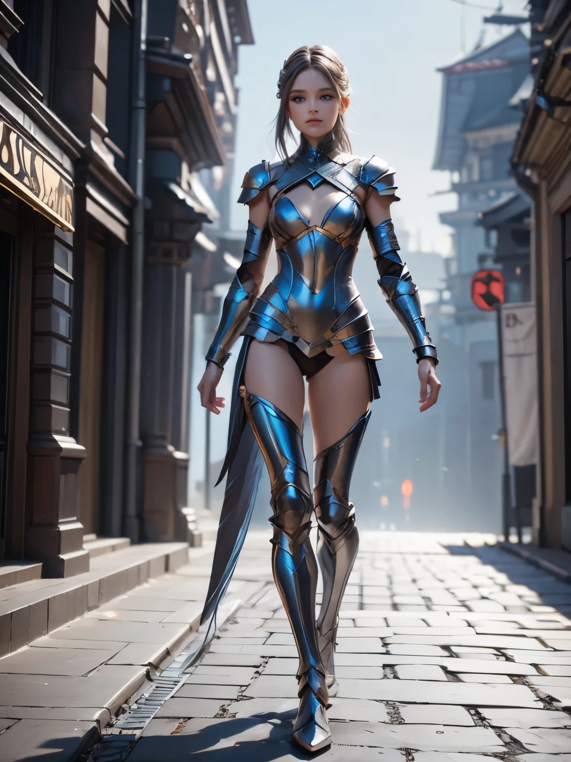 Image of beauty woman (realistic, detailed, best quality), full body, walking front, naked futuristic armor, no background, naked bottom