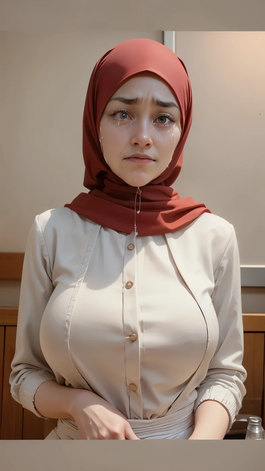 Bikini huge 52 years Old, Hijab Indonesian mature woman, Big Tits : 96.9, Long-sleeveles Shirt, Slim body, Breast about To burst out, at School Corridor, Bright light, at Daytime