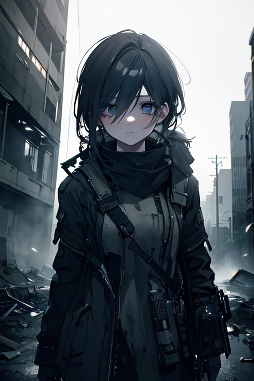 masterpiece, best quality, 1 girl, (close up), engineer, mechanic, (coat, goggles), ( Serious, dirty face, Dirty clothes, on the roof, city View, flooded with water, industrial ruins, Warm, desolate, dark, watercolor, sketch
