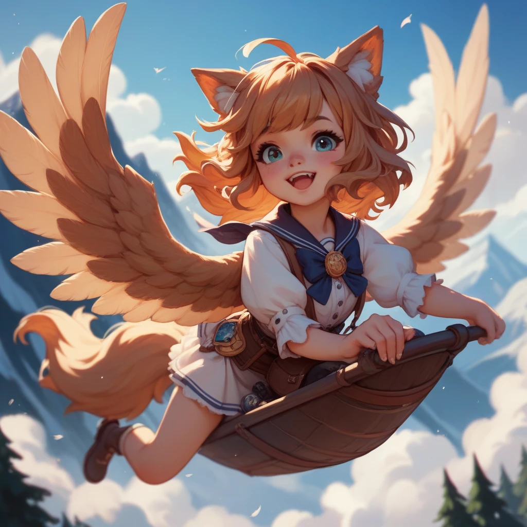 cute girl with wolf ears riding on winged wolf flying over mountain meadow