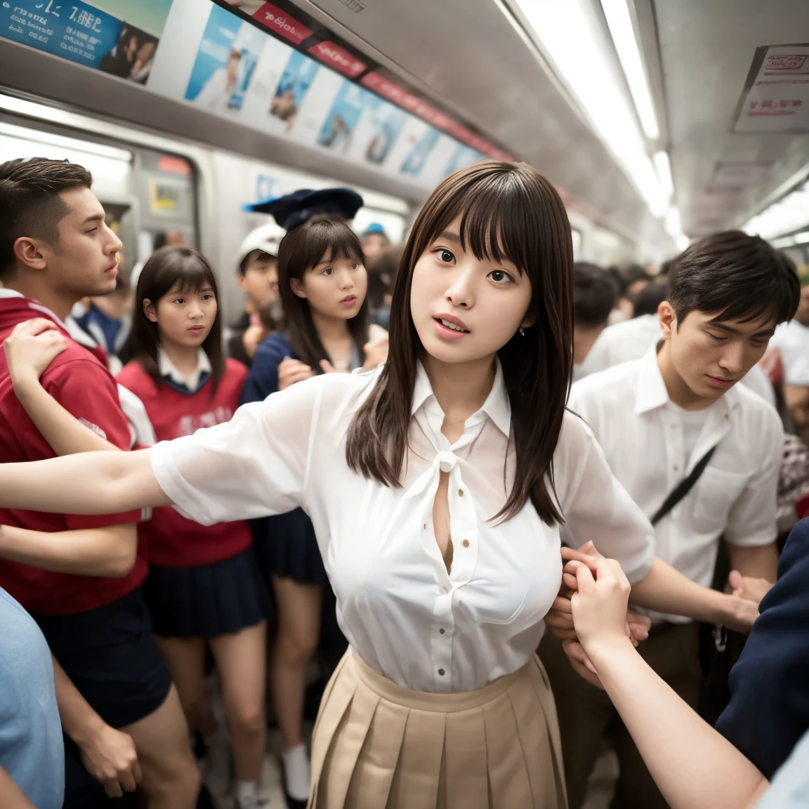 (molestation:1.8) japanese woman, beautiful breasts, (white shirt,darkblue neckribbon,pleated short skirt, darkbrown hair,bangs,ear,JK), grab, in the train, grab thighs, Multiple men around grab her , Chest grab, multiple hands, masterpiece, highest quality, very detailed, molestation, crowd of men, crowd sung, very realistic face, very realistic eyes, crowd of men around her, the person who grabs her body, molestation, masterpiece, highest quality, very detailed, 1 girl, multiple hands, Grab your ass with the crazy crowd, Chest grab, the men around her, squeezed body, Many people grab their , Be beaten, pulling on clothes, very wet and sweaty, grab clothes, (There are no women in the crowd), man with necktie, look of disgust, very realistic japanese teen face,******,（（（服が脱げて nipples are visible）））、（（（（I can see my smaller breasts ））））、 nipples are visible、（（（（ Japanese high school girls）））））（（（（女子高生の制服が脱げてI can see my smaller breasts ））））、（ white shirt and black skirt ）