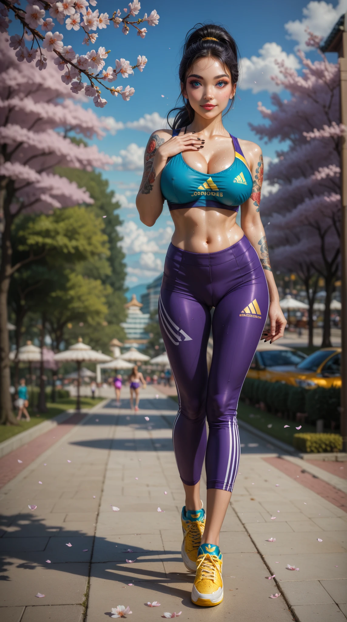  master works， Best Graphics ，Higher quality， high detail ，超高分辨率， Disney Style ， A Purple Sport Wear Top ， Purple Sports Pants ， Yellow Adidas Jogging Shoes ， Exquisite Cartoon Girl ，EXQUISITE BEAUTIFUL JAPANESE BABE， Bold Character Design ， Realistic Character Impression ，Wonderful ， Interactive Single Item Style ， Exquisite Brand Style ， walking in a park full of cherry blossoms ， Perfect lighting,  close up,   Aqua Blue Eyes , Tattoo,  Distinctive blue-black hair ，long hair，Straight Hair，Tied ponytail ，
 natural light,  Depth of writing boundaries ,  Browse Notes ,  Fine Hair ,  Elaborately drawn face ,  Delicate beauty , BEAUTIFUL CLAVICLE,  Slim and fit body ,  plump breasts ,
beautiful feet,  Beautiful Hands ,  See your audience ,  Face Focus, Highly delicate skin  ), 
 cute and symmetrical face ,  Young and slender face ,  perfect eyes , （（ Sweaty skin ））， black nails ，（ You can clearly see the sunburned lines），（sunburned skin ）、（（ oily skin ））、（steam）， Perfect Slim Body ，Big Breasts，Depth of Field，panoramic，Full body shot，