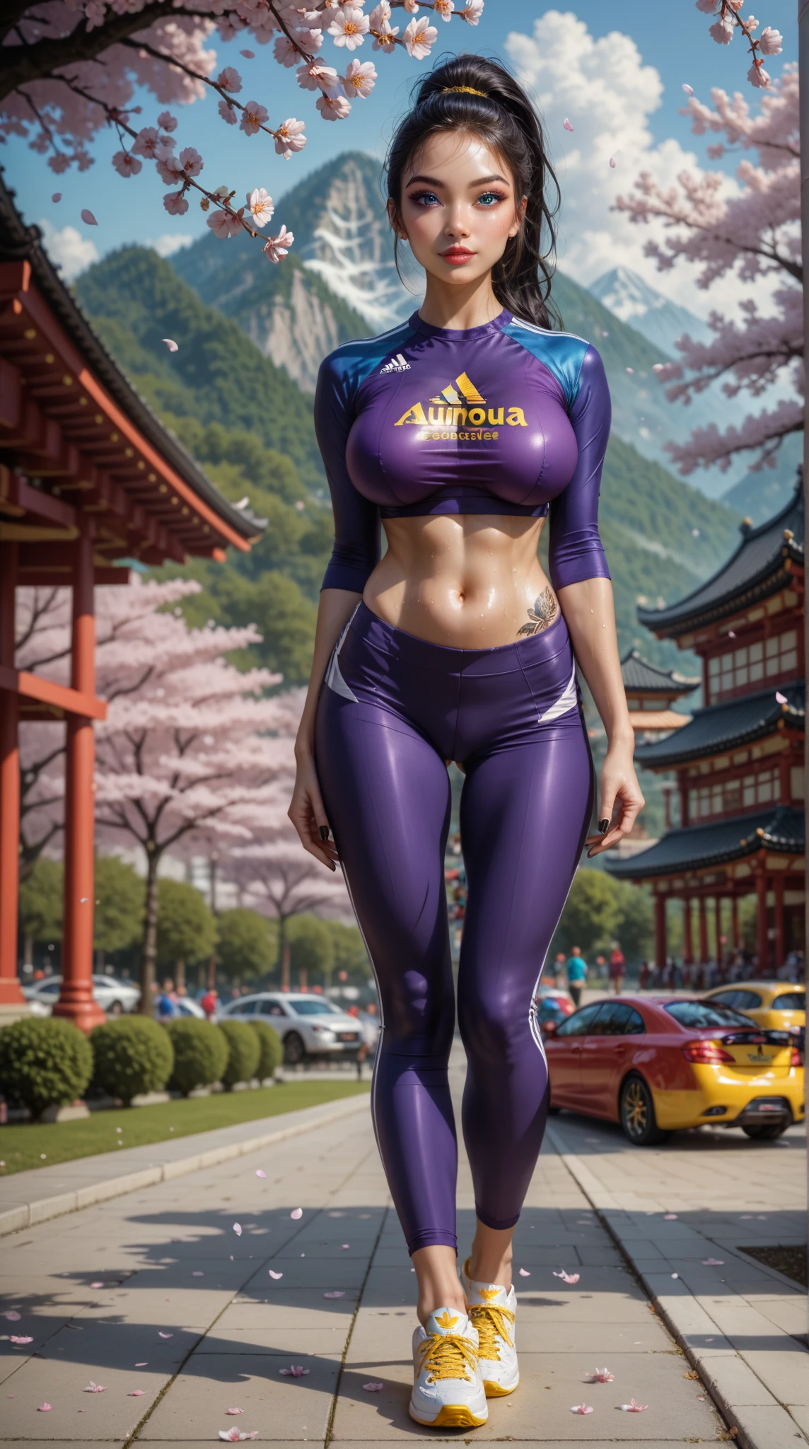  master works， Best Graphics ，Higher quality， high detail ，超高分辨率， Disney Style ， A Purple Sport Wear Top ， Purple Sports Pants ， Yellow Adidas Jogging Shoes ， Exquisite Cartoon Girl ，EXQUISITE BEAUTIFUL JAPANESE BABE， Bold Character Design ， Realistic Character Impression ，Wonderful ， Interactive Single Item Style ， Exquisite Brand Style ， walking in a park full of cherry blossoms ， Perfect lighting,  close up,   Aqua Blue Eyes , Tattoo,  Distinctive blue-black hair ，long hair，Straight Hair，Tied ponytail ，
 natural light,  Depth of writing boundaries ,  Browse Notes ,  Fine Hair ,  Elaborately drawn face ,  Delicate beauty , BEAUTIFUL CLAVICLE,  Slim and fit body ,  plump breasts ,
beautiful feet,  Beautiful Hands ,  See your audience ,  Face Focus, Highly delicate skin  ), 
 cute and symmetrical face ,  Young and slender face ,  perfect eyes , （（ Sweaty skin ））， black nails ，（ You can clearly see the sunburned lines），（sunburned skin ）、（（ oily skin ））、（steam）， Perfect Slim Body ，Big Breasts，Depth of Field，panoramic，Full body shot，