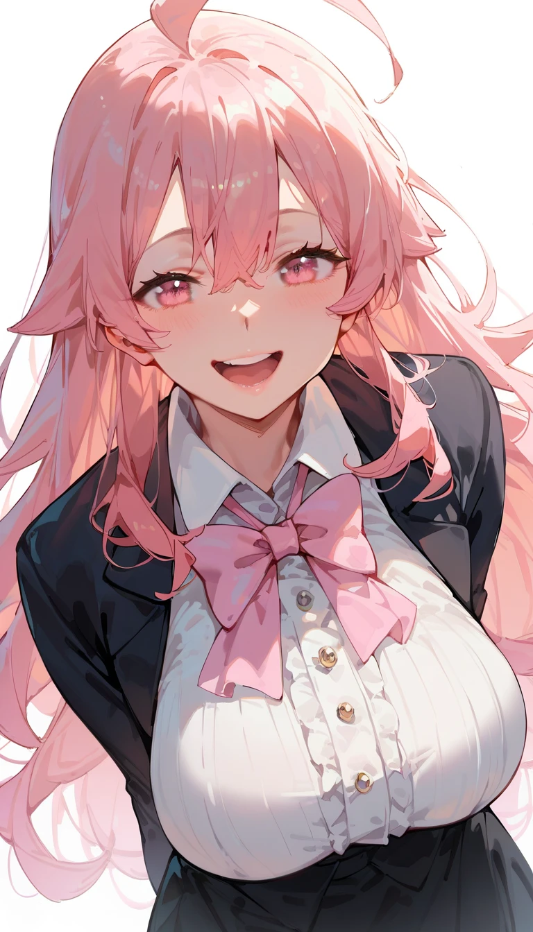 score_9_up, score_8_up, score_7_up, high quality, shaded, masterpiece, light blush, 1girl, pink hair, long hair, light pink eyes, huge breast, ahoge, hair between eyes, tuxedo, tight tuxedo, pink neck bow, smile, open mouth, top teeth only, standing, white background