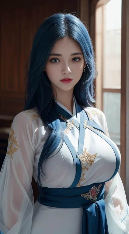 (surreal), (illustration), (High resolution), (8K), (Very detailed), (Best illustration), (beautiful and delicate eyes), (best quality), (super detailed), (masterpiece), (wallpaper), (lifelike), (Natural light), (edge lighting), (Detailed face), (Highly detailed lifelike skin texture), (anatomically correct), (alone), (1 girl), (Highly detailed lifelike hair), (blue hair:1.2), spiky hair, (heterochromatic eyes), (delicate green eyes),, (realistic big breasts:1.5), (exposed breasts:1.3), (long legs), (slim abs), (dynamic poses), (shut your mouth:1.3), (traditional hanfu),(Clothes were blown to both sides by the wind:1.3) (transparent clothes:1.5), National Science Foundation,exposing her breasts、show breasts,big breasts ,big breasts,The areola looms,
