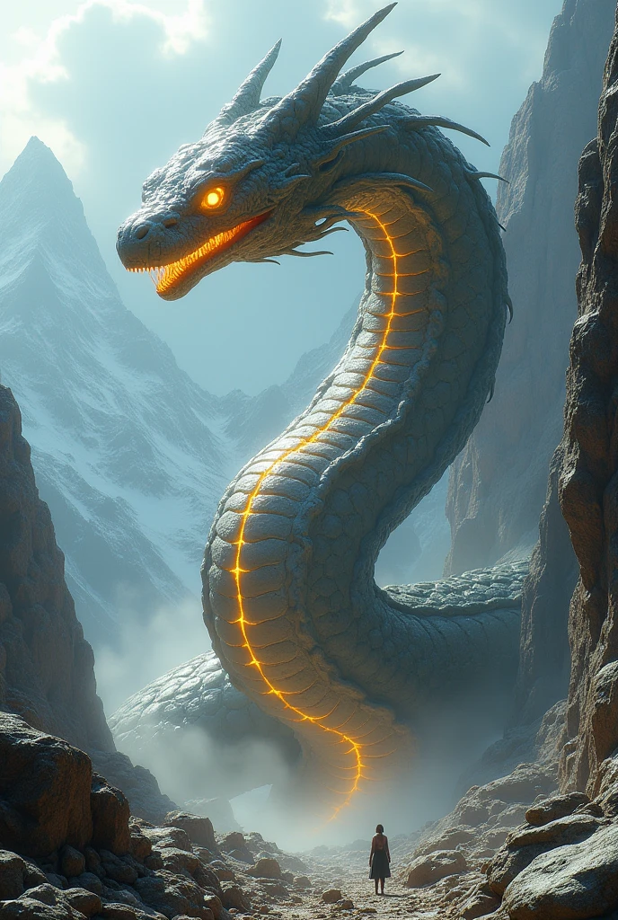 "A massive, menacing snake with dark, scaly skin and glowing eyes slithers across rugged hills. The hills are covered with sparse vegetation and jagged rocks, bathed in the eerie light of a setting sun. The snake's body winds sinuously over the uneven terrain, its sheer size and power evident as it navigates the rocky landscape. The scene has a tense atmosphere, with the sky tinged with ominous clouds, adding to the danger and mystery of the moment."