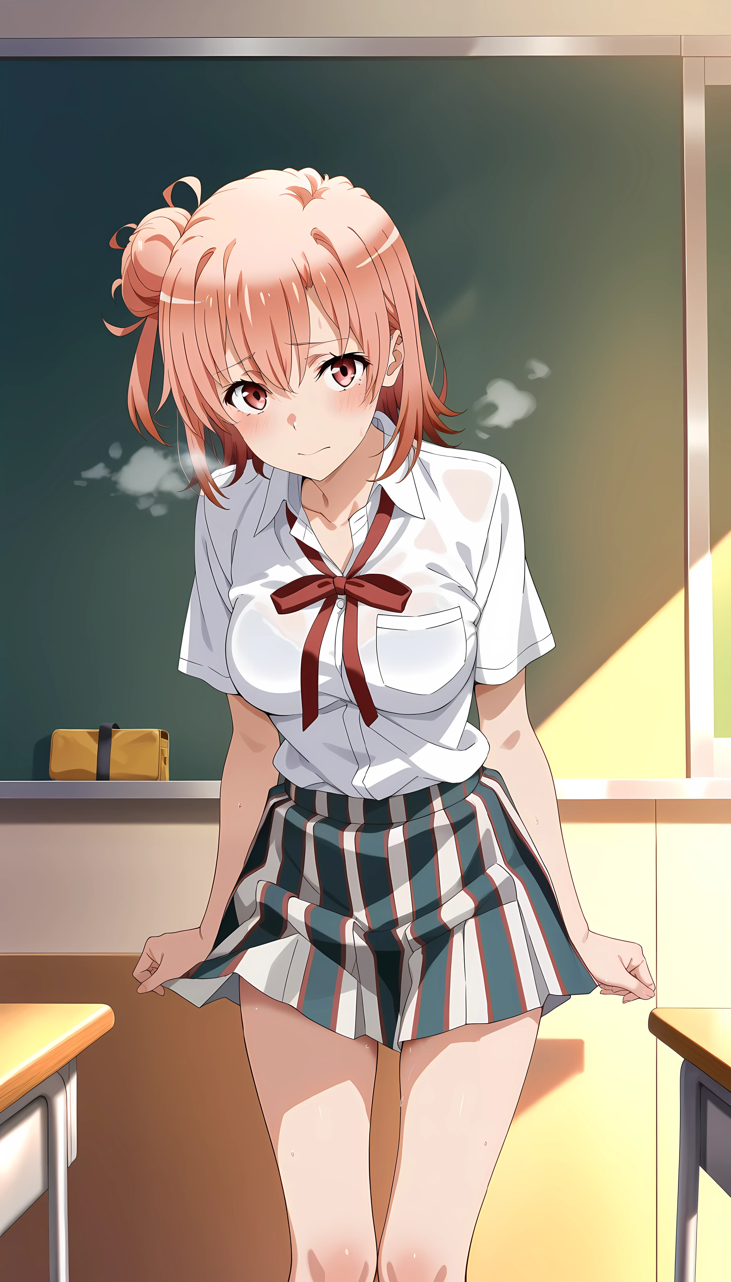 Takemoto uruka, red shirt. short sleeves, dark skin, dark-skinned female, clothes around waist, nude, (pussy:1.2), (skirt_lift:1_3)
BREAK (miniskirt:1.3), (school uniform), sitting on table, ((look from below)), (arm behind on back), clothes lift, no panties, undressing 
BREAK looking at viewer,
BREAK classroom, see through pussy
BREAK (masterpiece:1.2), best quality, high resolution, unity 8k wallpaper, (illustration:0.8), (beautiful detailed eyes:1.6), extremely detailed face, perfect lighting, extremely detailed CG, (perfect hands, perfect anatomy),