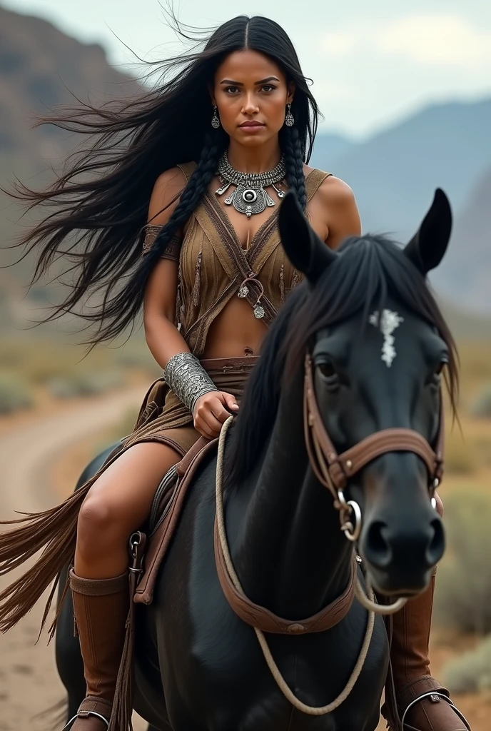Young indigenous woman standing full length next to a horse