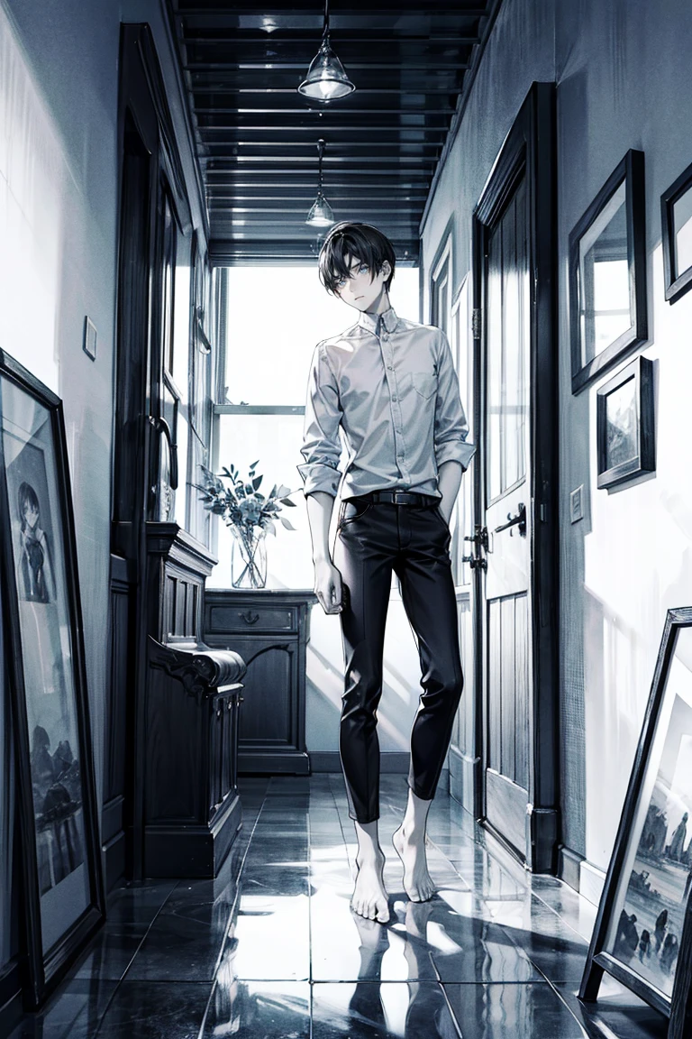 Wide shot view, painting, oil painting, 8K resolution, high detail, around 20 years old, (one male:1.5), black hair, slightly longer at the ends, somewhat straight, simple outfit:1.5, (white shirt:1.5, white shirt splattered with colorful ink:0.5), (black pants:1.0), (barefoot, feet covered in ink), wall covered with picture frames, scattered paint, brushes, and palettes on the floor, objects serving as motifs for the painting, monochrome main subject with a background of various colors, sunlight streaming in from the window, ((UHD, masterpiece, super detail, best quality, highres, 8k)), (detailed line art), perfect face, perfect body, perfect hands, perfect feet