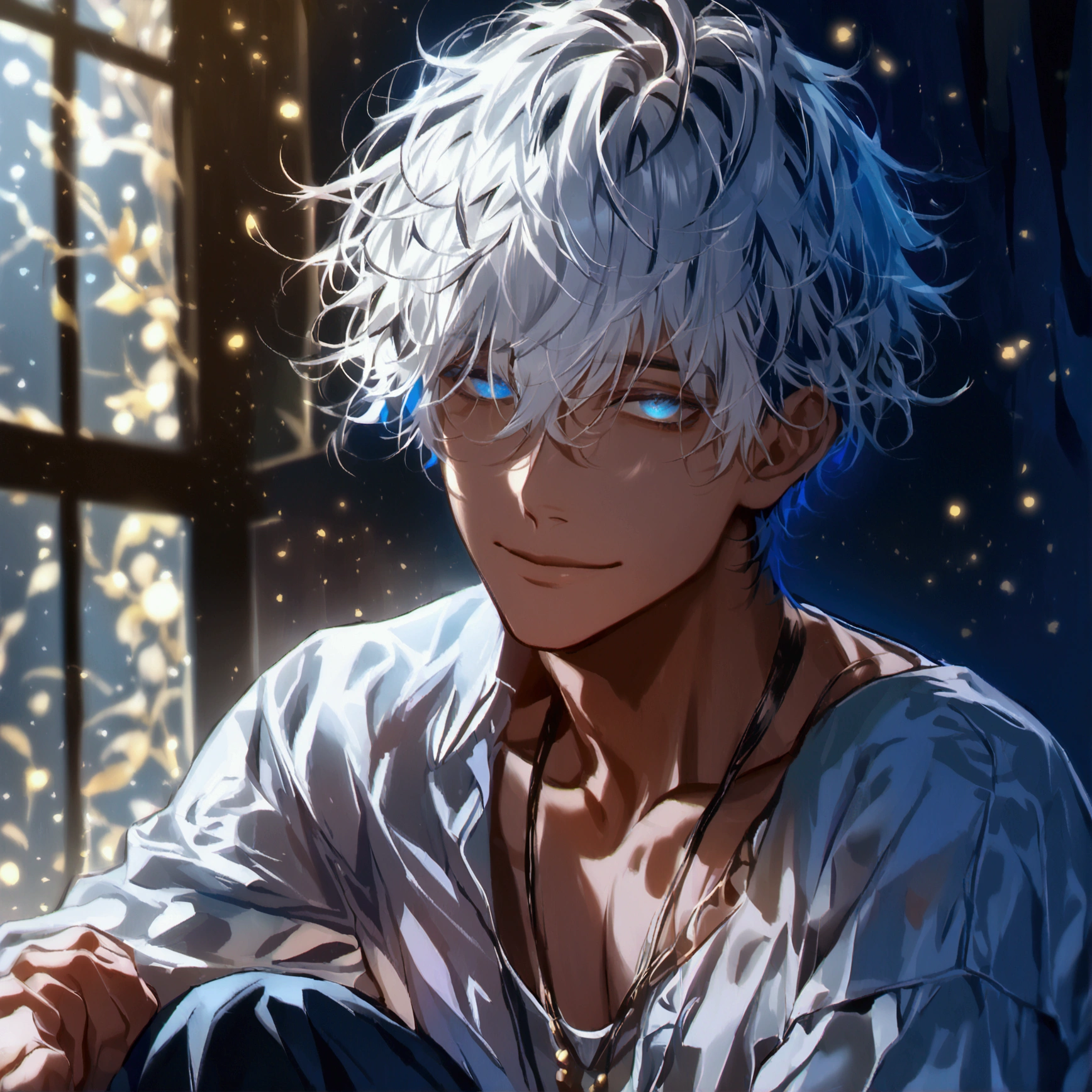 (solo), (1 male), (1 man), (chibi),handsome men, (one man with white hair with dark blue inner hair color, blue eyes), short hair, Loose and fluffy perm ,messy hair,smile,((masterpiece)), (dark background: 1.3), (stylish), dynamic angle, (detailed face, detailed eyes, proportional hands, proportional anatomy), sitting in a relaxed pose, sinister atmosphere,young