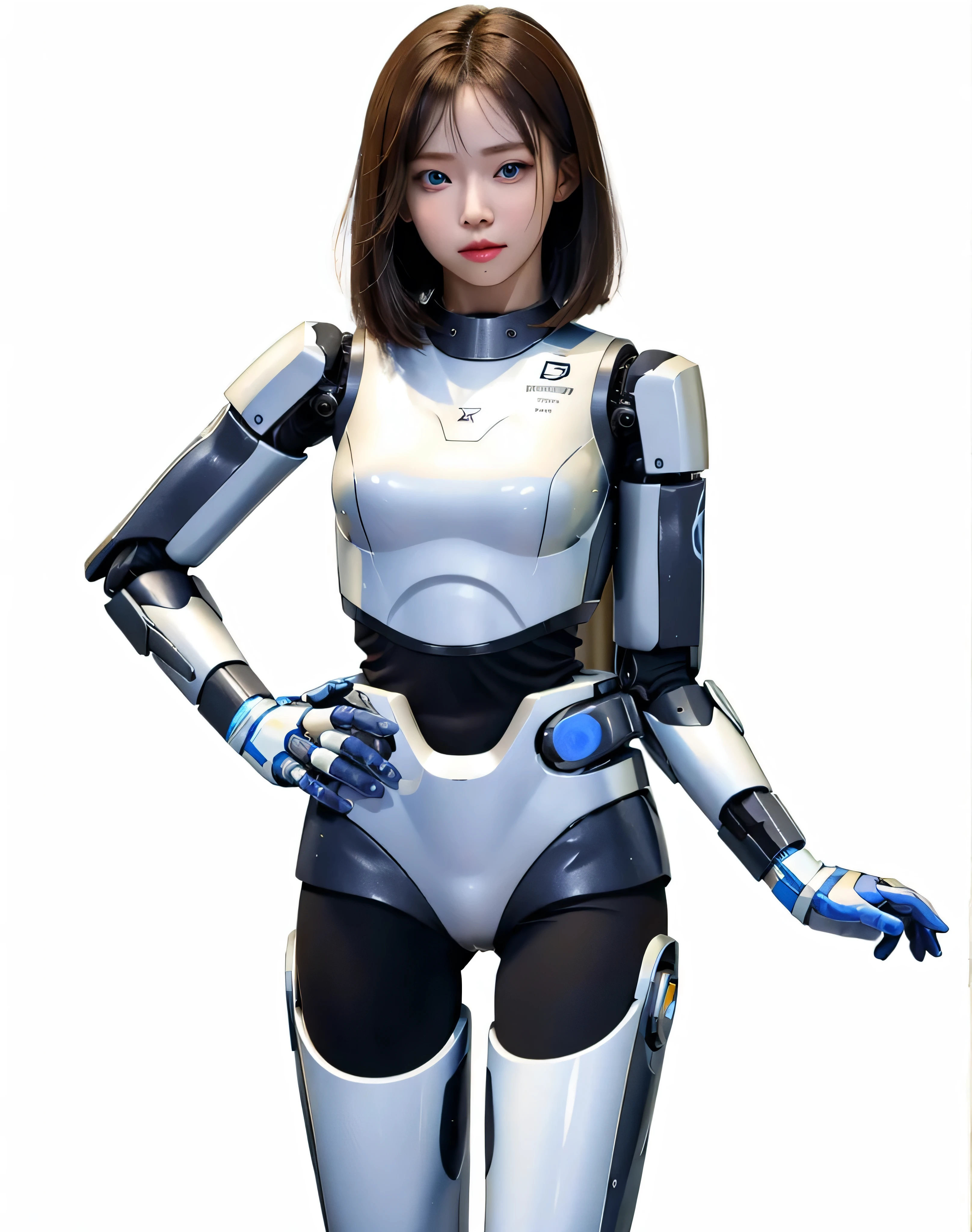 masterpiece, best quality, extremely detailed, (8K, 4K, Best Quality, hight resolution, 超A high resolution:1.1), 8K portrait,1girl in, Japaese android girl,android teacher,Plump , control panels,android,Droid,Mechanical Hand, ,Robot arms and legs, Black hair,Mechanical body,Blunt bangs,White Robotics Parts,perfect robot woman,Charging spot,Long Tube,A thick cable was connected to her neck,ceramic body ,android,robot humanoid,a bit chubby,panty,full eyes,perfect mechanical body,white robotics body,future assembly plant,white body,She has repaired,black sponge joints,android assembly plant,android,laboratory,perfect machine body,white robot body, body by hrp-4c, face by aespa winter, blue eyes, sharp face shape, 20 years old
