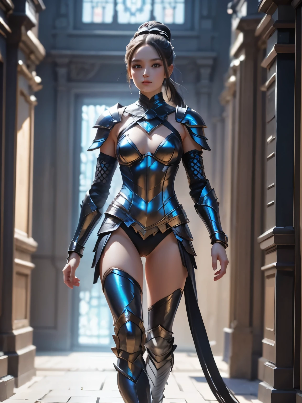 Image of beauty ponytail woman (realistic, detailed, best quality), full body, walking front, naked futuristic armor, no background, naked bottom