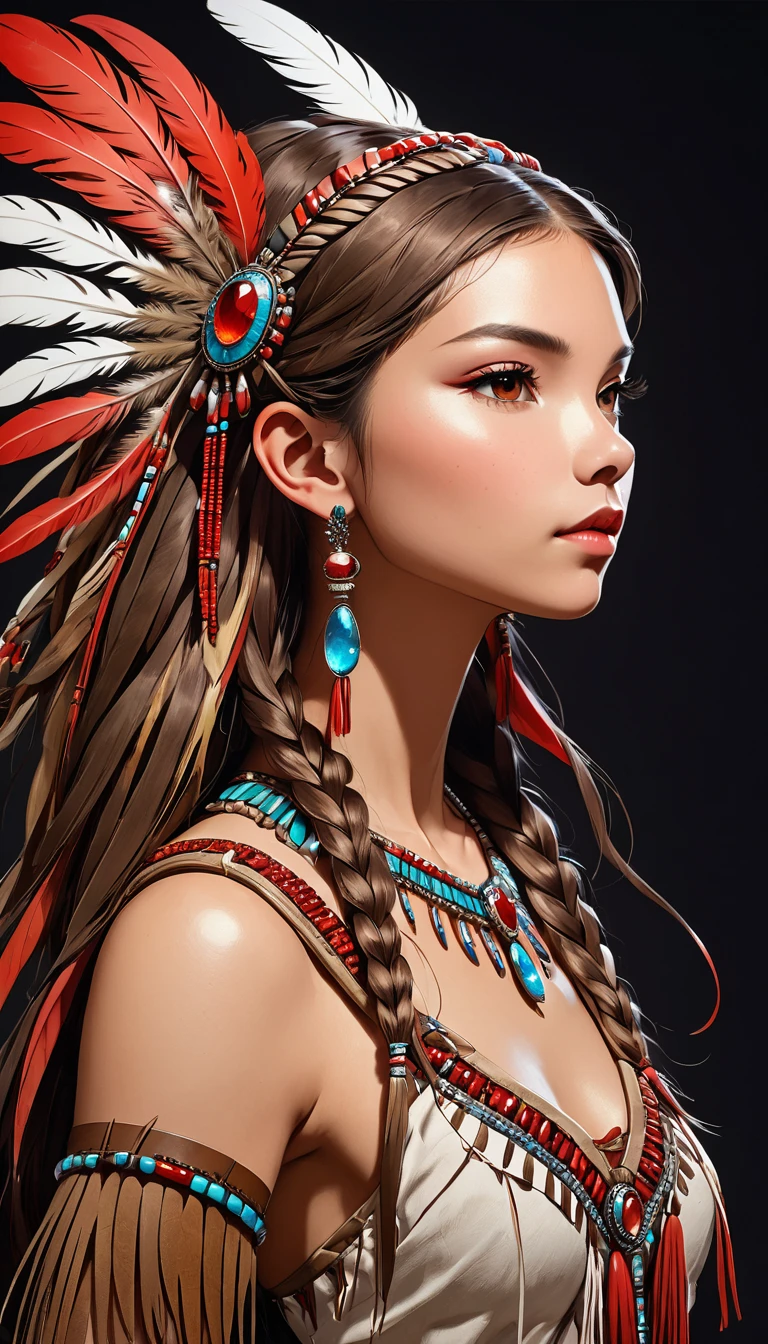  One Girl ,profile、 Native American , A hair ornament with so many feathers,gem, necklace,Tribe,Head ornament, upper body red ,Pigments, braiding , upper body red , Wow_fast_ no _Freezing_ style for stilets,  One Girl  in full growth, 最 High Quality , masterpiece,  super detailed ,  High Quality , perfect  no se,  highly detailed skins for your birthday, Warm skin tone  , Rebellion 512 ,  RAW photo, 最 High Quality ,  High Definition , (masterpiece),  style for stilets, analog  style for stilets,  illustrations, Professional photography,  sharp concentration,  High Definition , 8k resolution,  delicate details without lighting, Refined details,  super detailed , ( Depth of Written Boundary), Light and Dark,  Volume Lighting , simple white background holding a razor,  Professional Light,  show viewers ,  discovered ,