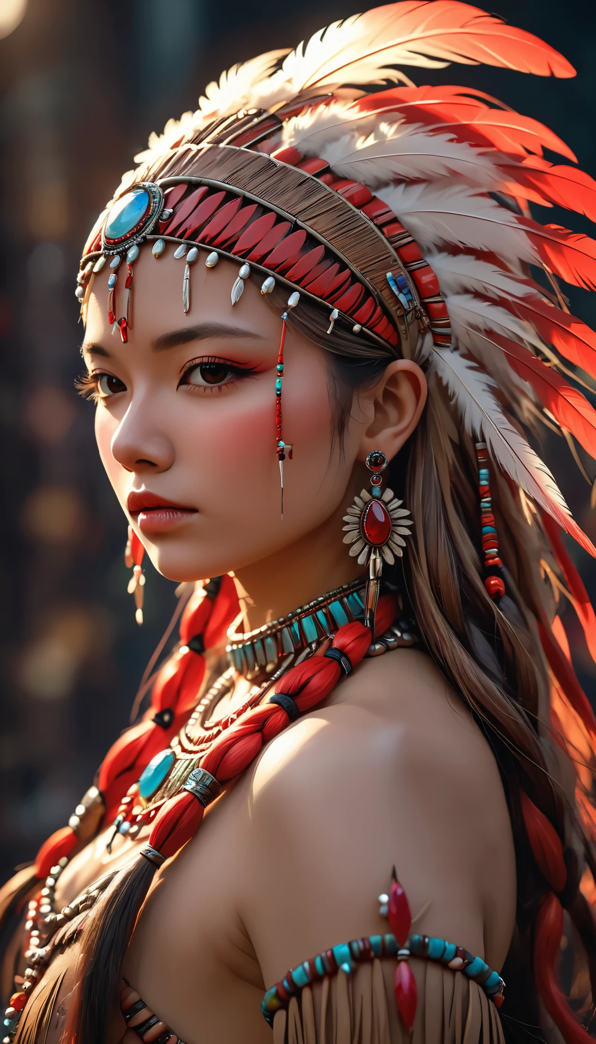 One Girl ,profile、 Native American , A hair ornament with so many feathers,gem, necklace,Tribe,Head ornament, upper body red ,Pigments, braiding , upper body red , Wow_fast_ no _Freezing_ style for stilets, One Girl in full growth, 最 High Quality , masterpiece, super detailed , High Quality , perfect no se, highly detailed skins for your birthday, Warm skin tone , Rebellion 512 , RAW photo, 最 High Quality , High Definition , (masterpiece), dreamy, dreamy, modelshoot style for stilets, analog style for stilets, Tone Mapping , realistic , Professional photography, sharp concentration, High Definition , 8k resolution, delicate details without lighting, Refined details, super detailed , ( Depth of Written Boundary), Light and Dark, Volume Lighting , Cinematic Flowers , Professional Light, show viewers , discovered ,