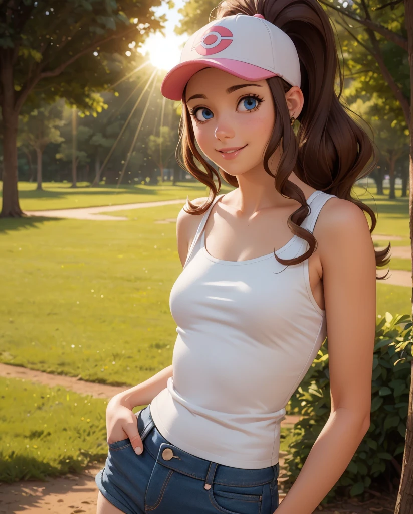 ((hilda)), ((Pokemon)), ((masterpiece)), ((high resolution)), ((solo portrait)), ((cute anime style)), {(attractive figure), (eccentuated curves), (brown hair), (long ponytail), (cute blue eyes), (small breasts), (cute smile)}, {(white tank top), (short jean shorts), (exposed pockets), (white baseball cap with pink brim)}, {(looking at viewer)}, ((plains)), ((park)), ((sun rays)), ((trees)), ((sunset))