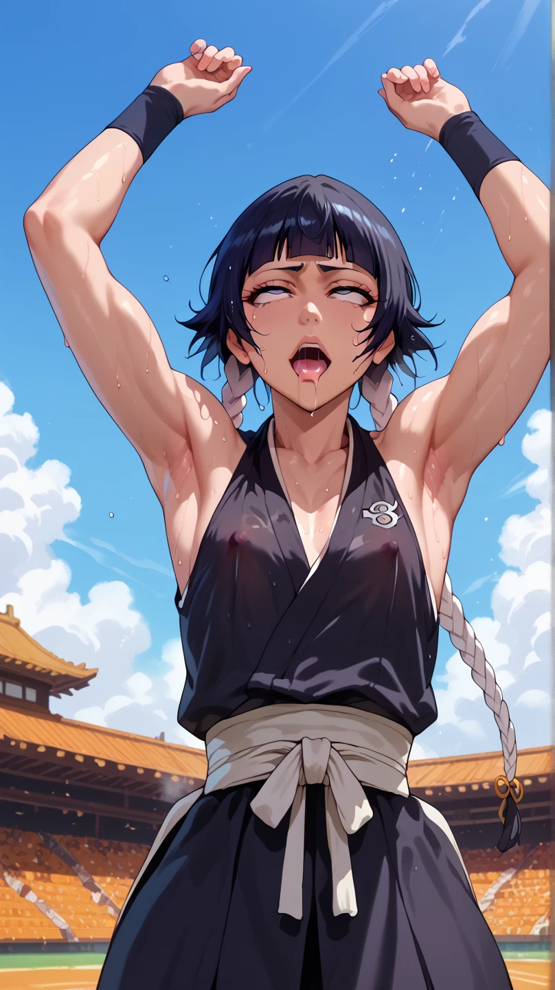 a picture, inspired by Kentaro Miura, trending on pixiv, soifon from bleach, black uniform, favorite scene, fine details, skins, sweating, small breasts, both hands raised, armpits, armpits visible, dripping with sweat, more more sweat, ((Japanese clothes)),open mouth,rolling eyes,muscle,kneel down,open legs,For the audience, (muscle:1.2),Looking at the audience, tired, (small breasts),sexy body,perfect body,(drooling), tears, head wet, runny nose, black hair, Nipple exposure. 