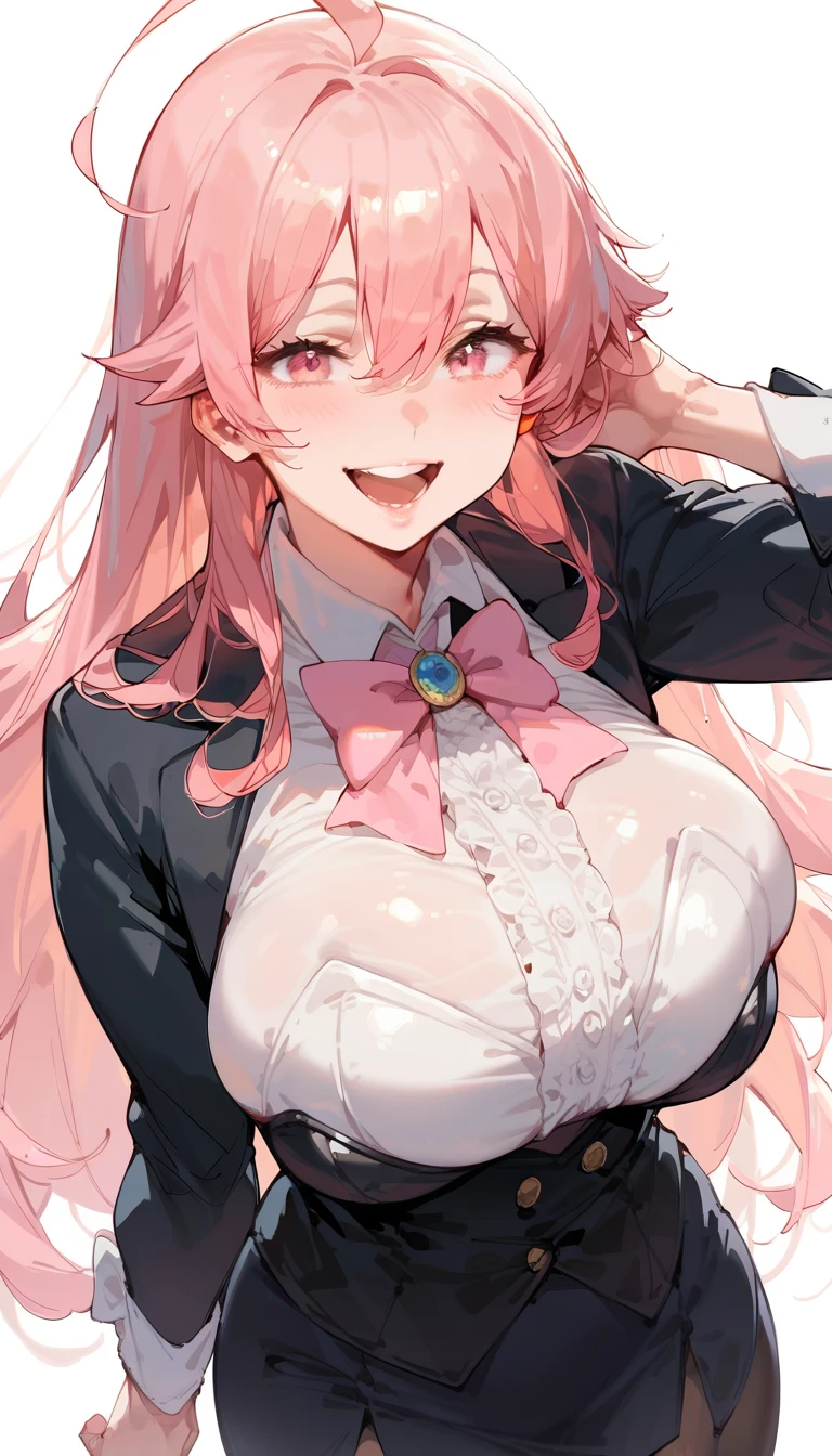 score_9_up, score_8_up, score_7_up, high quality, shaded, masterpiece, light blush, 1girl, pink hair, long hair, light pink eyes, huge breast, ahoge, hair between eyes, tuxedo, tight tuxedo, pink neck bow, smile, open mouth, top teeth only, standing, white background