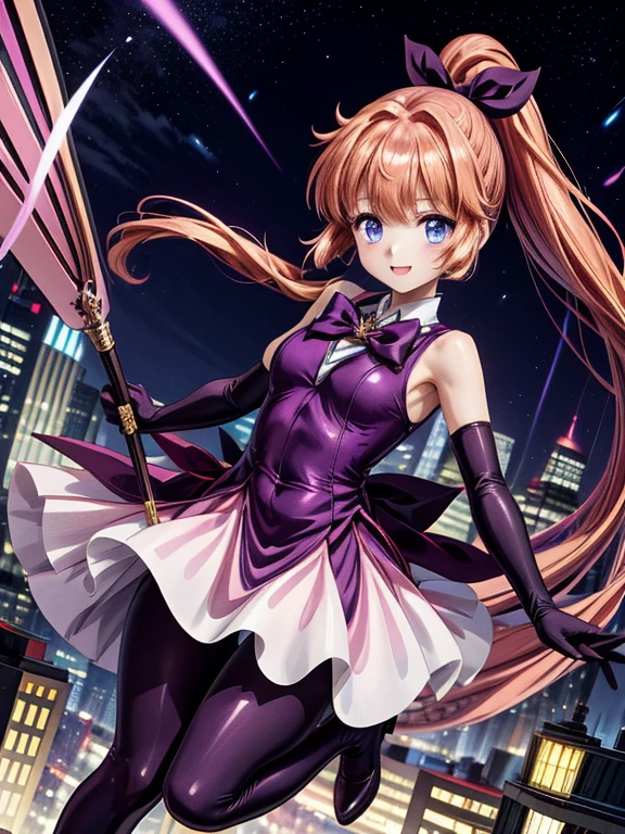 one girl, Meimi Haneoka, Saint tail, cute face, thin and tall, smile, blue eyes, brown long hair, ponytail with ribbon, magical girl, dark purple and pink sleeveless dress, dark purple elbow gloves, dark purple pantyhose, dark purple thigh boots, magical stick, full body shot, rooftop scenery, night view