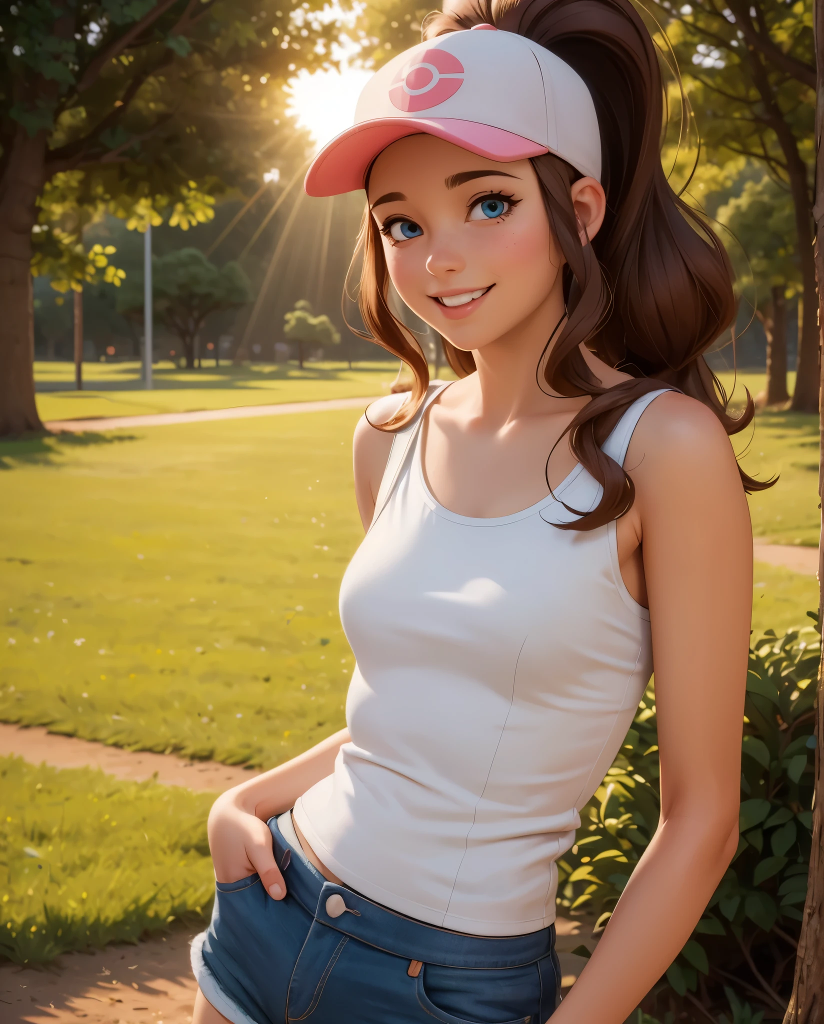 ((hilda)), ((Pokemon)), ((masterpiece)), ((high resolution)), ((solo portrait)), ((cute anime style)), {(attractive figure), (eccentuated curves), (brown hair), (long ponytail), (cute blue eyes), (small breasts), (cute smile)}, {(white tank top), (short jean shorts), (exposed pockets), (white baseball cap with pink brim)}, {(looking at viewer)}, ((plains)), ((park)), ((sun rays)), ((trees)), ((sunset))