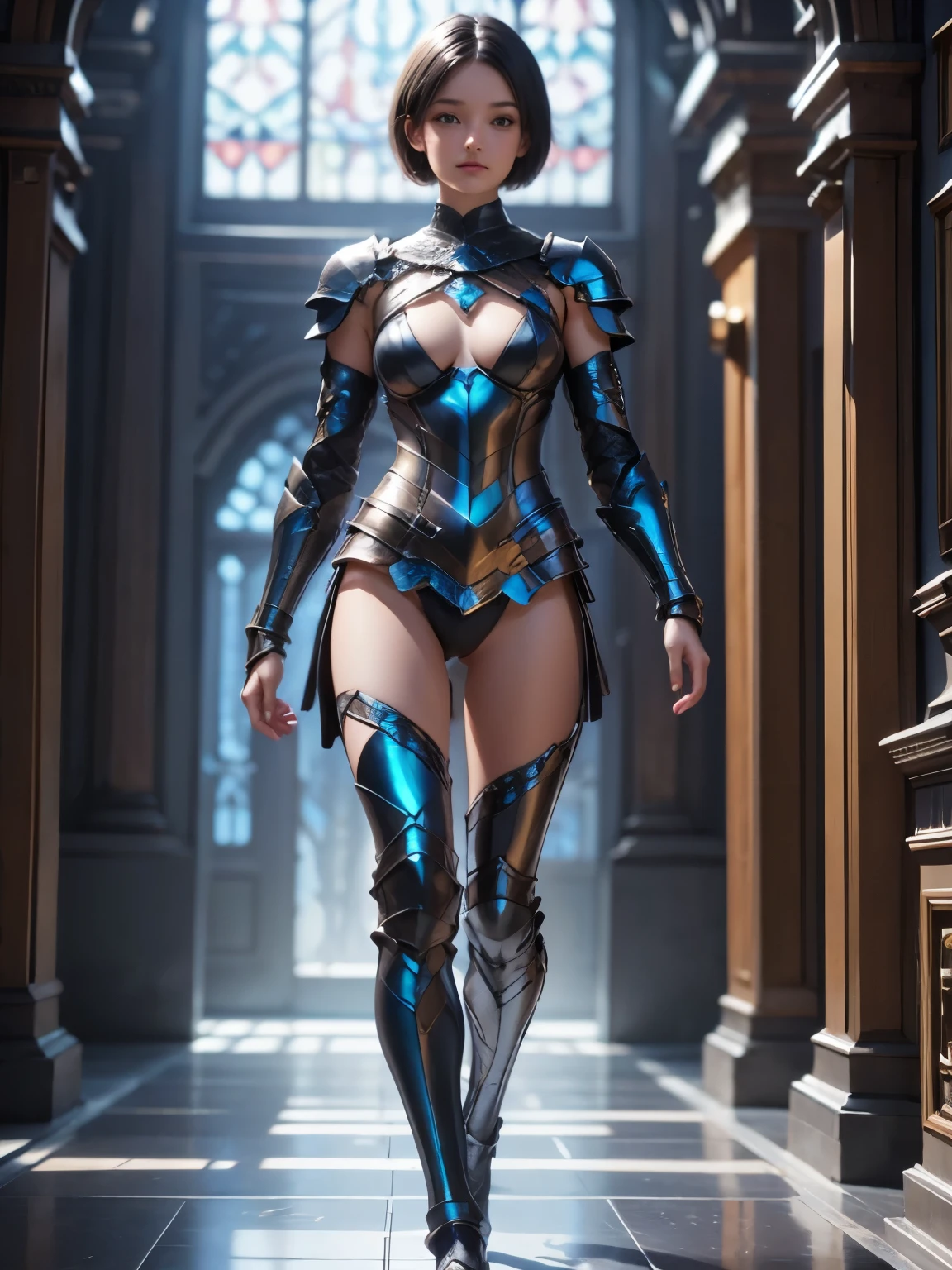 Image of beauty short hair woman (realistic, detailed, best quality), full body, walking front, naked futuristic armor, no background, naked bottom