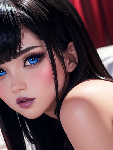8k {high quality} {dark room} ({naked woman}) {thick white liquid on body} {expressive eyes} {soft velvet sheets} pov milf {devious smile} tongue thighhighs {arm gloves} choker thick {multicolored hair} {50s style hair} {trimmed pubic hair} femdom