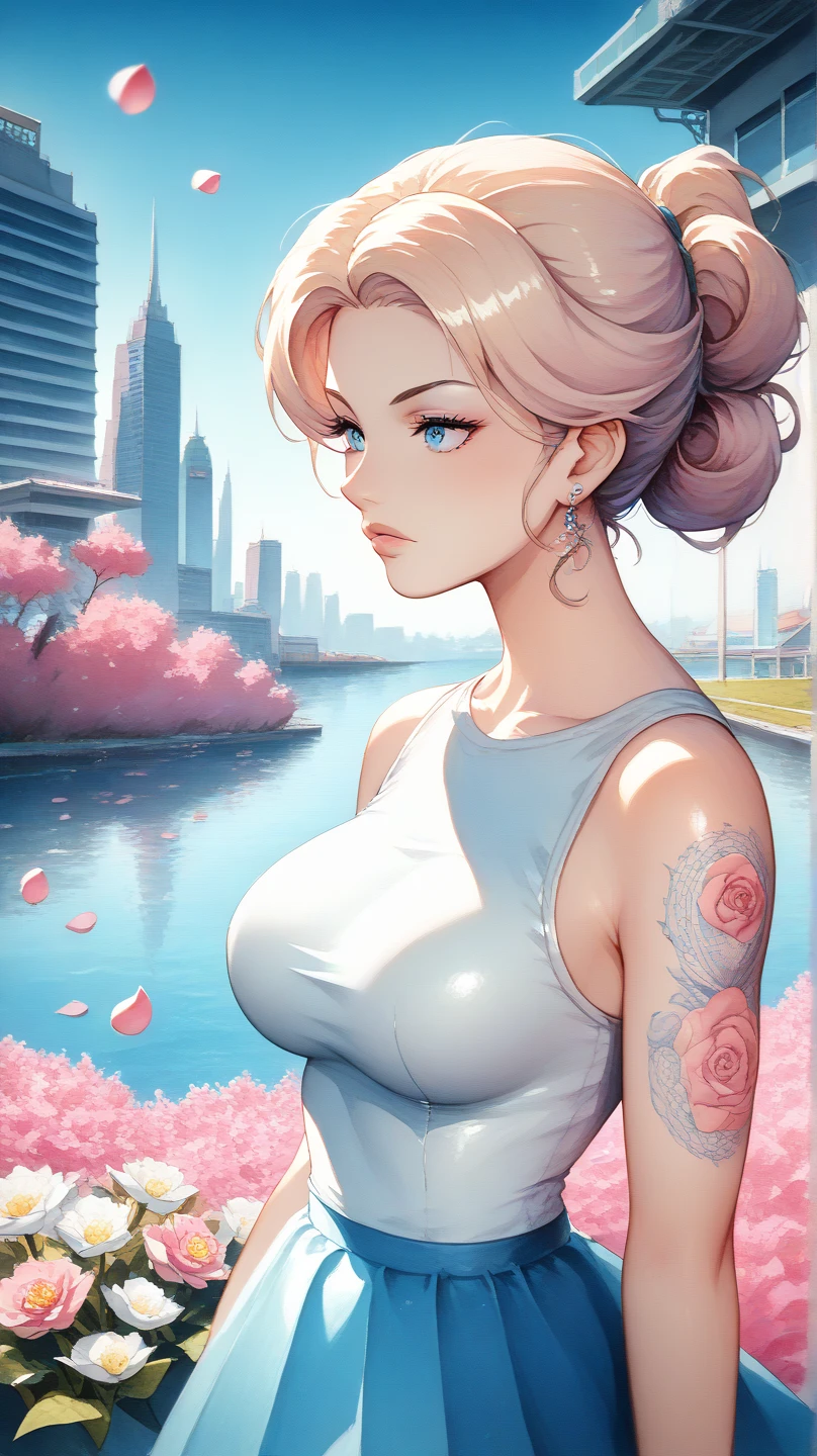 (extremely detailed CG, ultra-detailed, best shadow:1.1), ((depth of field)), ((watercolor)), large breasts, bare shoulders, flowers and petals, beautiful concept illustration , (white background:0.5), (illustration :1.1), (extremely fine and beautiful:1.1), (perfect details:1.1),DIGITAL ILLUSTRATION OF BEAUTIFUL FEMALE CHARACTER IN DRAWING STYLE BY ILLUSTRATOR Toh-Yasu, ANIME STYLE WITH SKINNY CLOTHING INSPIRED BY FUTURISTIC TATTOO DRAGON AND VIBRANT CLOTHING COLORS, SERIOUS LOOK AND ULTRA DETAILED ARTWORK, FOCUS GRAFFITI STYLE CITY SCENERY FROM CAMERA