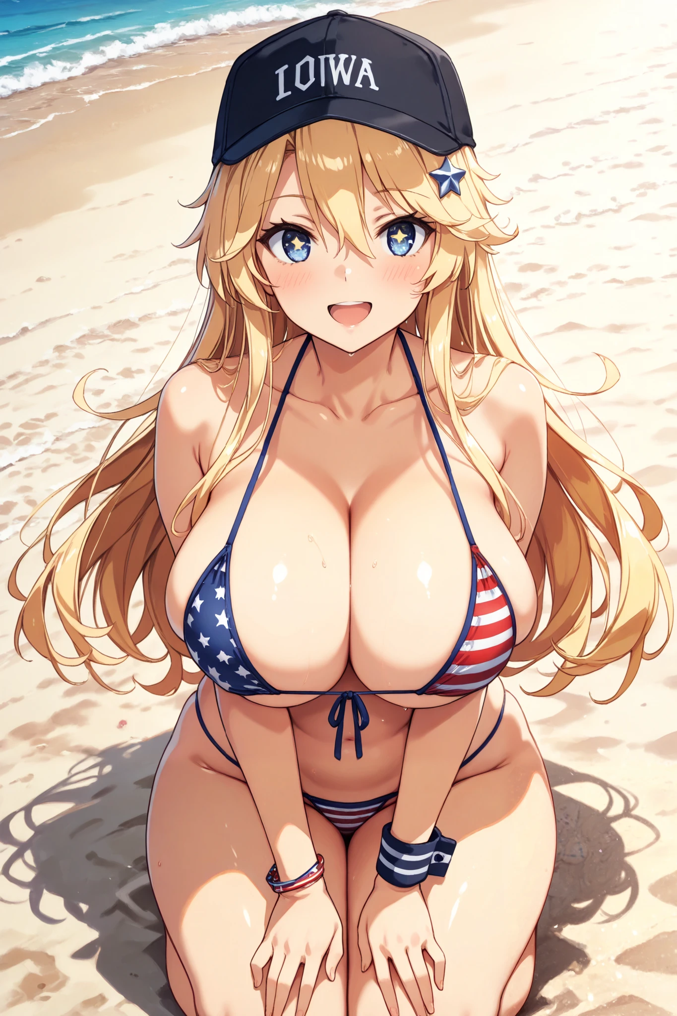 ,score_9, score_8_up, score_7_up, score_6_up, score_5_up, score_4_up、masterpiece, top quality, high definition , One Girl , Alone,  american flag bikini, baseball cap, alternative costumes , Different hairstyle, , blue eyes, (Star-shaped pupil:1.2), blue eyes, Chest,Large bust, clavicle, large Chest, long hair, Star Hair Ornament , micro bikini, striped bikini, wristbands, , Beach ,.Big Breasts, open mouth,smile,iowa（kancolle）,,wide hip,cowboy shot,wide hip,curvy,kneeling