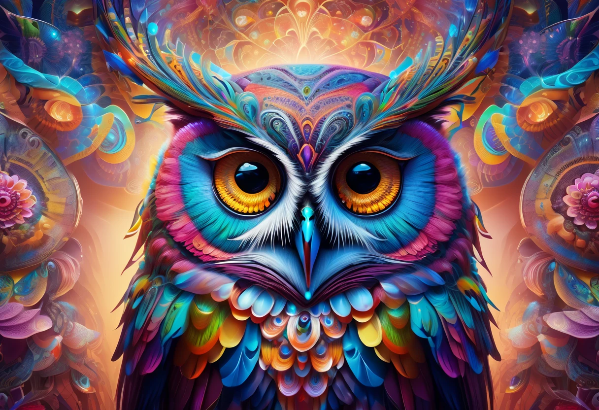   ,  WLOP, a close-up of a colorful owl with a flower background ,  trendy at art stations ,  psychedelic art, 8K high definition detailed art, 4K VERY DETAILED ART , Shining Owl,  Alien Owl ,   Beeple and Jeremiah Kettner , wonderful, Shining Owl, Geometric Owl Portrait, Highly detailed 4K art jigsaw puzzle inspired by Buddha 