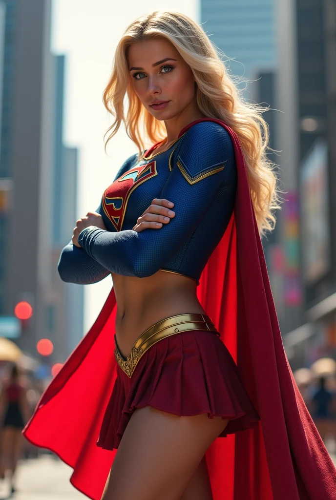 Supergirl flying, semidesnuda, traje iconico sexy espectacular con capa roja, logo de Superman en la capa, very sexy small clothes, guantes rojos adornados, botas rojas adornadas, el viento levanta su capa, joven, cuerpo muy delgado, super skynny body, small and beautiful buttocks, abdomen tonificado, I can see her beautiful and perfect small breasts, escote amplio, piernas hermosas, manos perfectas, intelligent, light particles surround your body, poder resplandeciente, obscena, super powerful, sensual, ella observa la ciudad desde el cielo, metropolis city, se observa la luna grande en el fondo,mirada sensual, ojos hermosos,long hair, classic hairstyle,Hair dyed in bright blonde color, Best quality,8K,A high resolution,Masterpiece,Ultra detailed,Realistic, Photorealistic,photo realistic