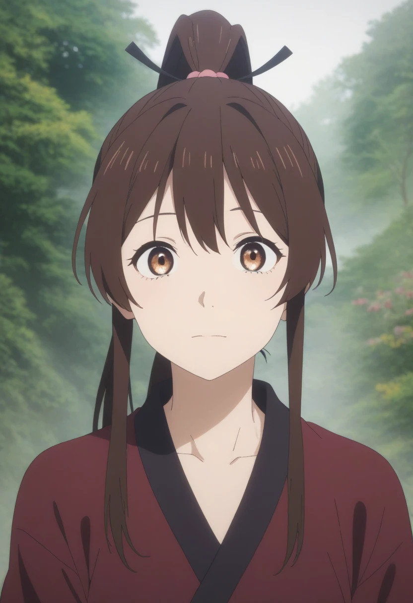 score_9, score_8_up, score_7_up, source_anime, rating_safe, , , looking at viewer, , , 1girl, sagiri yamada asaemon ,\(female\), brown hair, brown eyes, ponytail hair, high ponytail,, solo, outdoors, jigokuraku_style, 