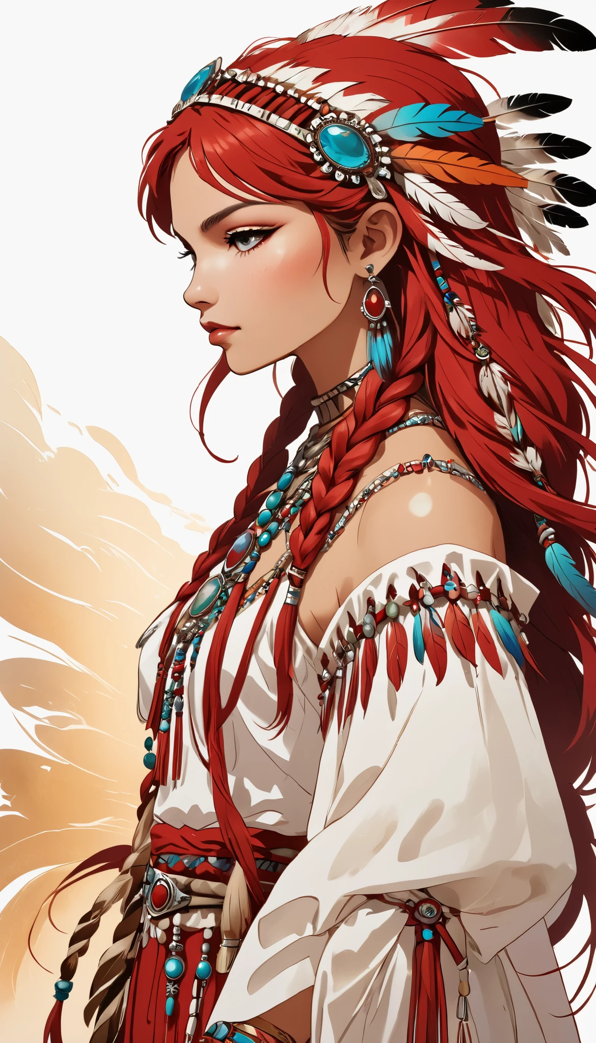  One Girl ,profile、 Native American ,  Voluminous Hair Ornament with So Many Feathers,gem, necklace,Tribe,Head ornament, upper body red ,Pigments, braiding , upper body red , Wow_fast_ no _Freezing_ style for stilets,そばかす  One Girl  in full growth, 最 High Quality , masterpiece,  super detailed ,  High Quality , perfect  no se,  highly detailed skins for your birthday, Warm skin tone  , Rebellion 512 ,  RAW photo, 最 High Quality ,  High Definition , (masterpiece),  style for stilets, analog  style for stilets,  illustrations, Professional photography,  sharp concentration,  High Definition , 8k resolution,  delicate details without lighting,  simple white background holding a razor,  Professional Light,  show viewers ,  discovered ,