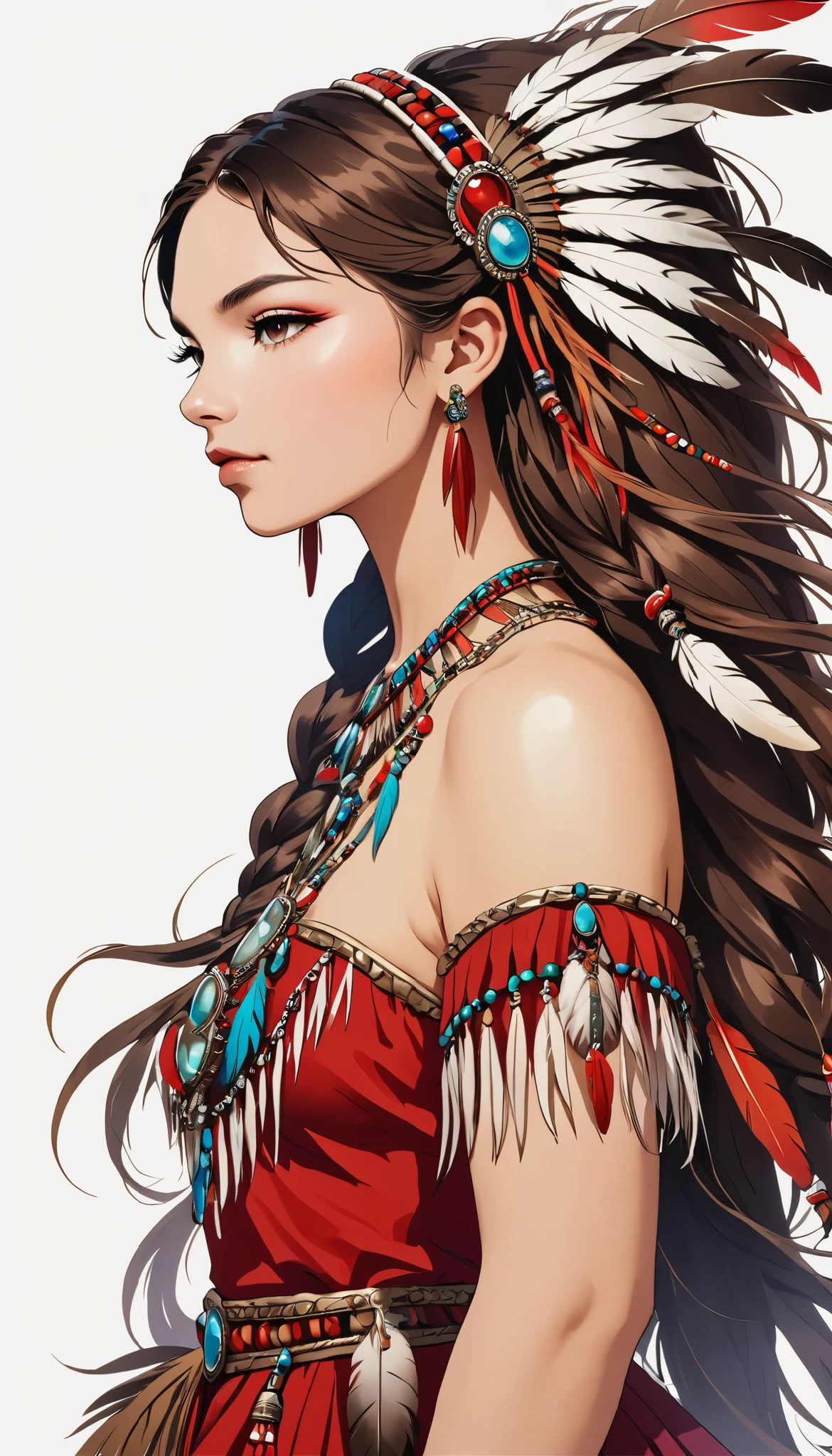  One Girl ,profile、 Native American ,  Voluminous Hair Ornament with So Many Feathers,gem, necklace,Tribe,Head ornament, upper body red ,Pigments, braiding , upper body red , Wow_fast_ no _Freezing_ style for stilets,そばかす  One Girl  in full growth, 最 High Quality , masterpiece,  super detailed ,  High Quality , perfect  no se,  highly detailed skins for your birthday, Warm skin tone  , Rebellion 512 ,  RAW photo, 最 High Quality ,  High Definition , (masterpiece),  style for stilets, analog  style for stilets,  illustrations, Professional photography,  sharp concentration,  High Definition , 8k resolution,  delicate details without lighting,  simple white background holding a razor,  Professional Light,  show viewers ,  discovered ,