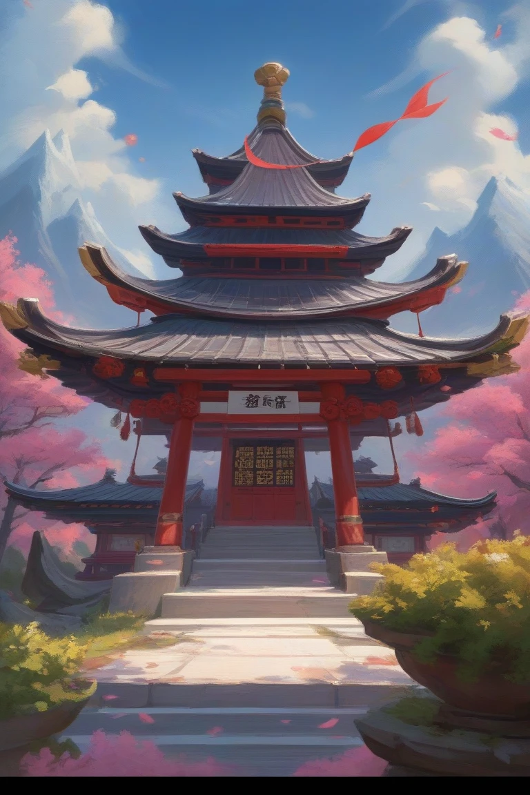 Ancient Chinese architecture in the mountains,  onmyoji detailed art  , Painting Concept Art,, wlop and rhads, Ross Chen. scenic backgrounds,   Inspired by Zhu Feng  , Background Artwork, Riot Games 概念图,  Digital painting of a pagoda , 数字Painting Concept Art, Von Zhu Concept Art，Flat viewing angle， oil painting style 