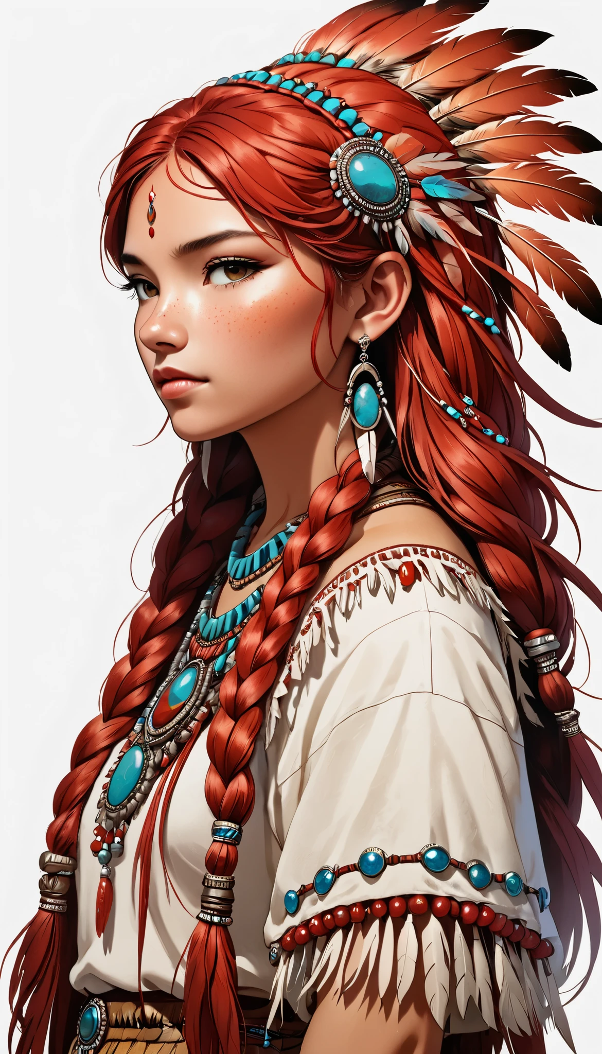  One Girl ,profile、 Native American ,  Voluminous Hair Ornament with So Many Feathers,gem, necklace,Tribe,Head ornament, upper body red ,Pigments, braiding , upper body red ,Freckles 、 One Girl  in full growth, 最 High Quality , masterpiece,  super detailed ,  High Quality , Perfect no se ,  highly detailed skins for your birthday, Warm skin tone  ,  RAW photo, 最 High Quality ,  High Definition ,  style for stilets, analog  style for stilets,  illustrations, Professional photography,  sharp concentration,  High Definition , 8k resolution,  delicate details without lighting,  simple white background holding a razor、