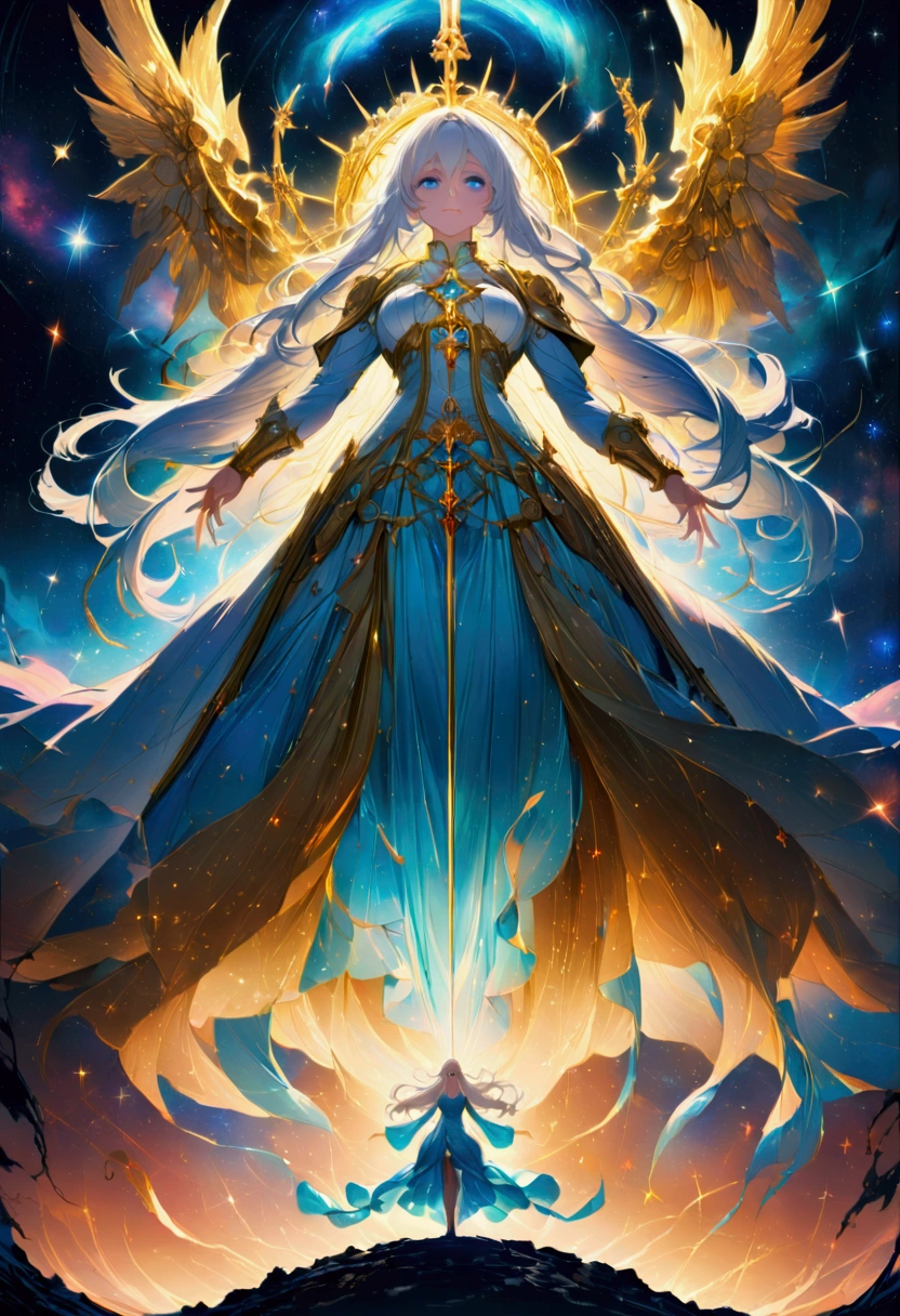 1girl, white hair, long hair, blue eyes, open center long, dress, divine, celestial, from below, sword, gold, epic, high quality, 