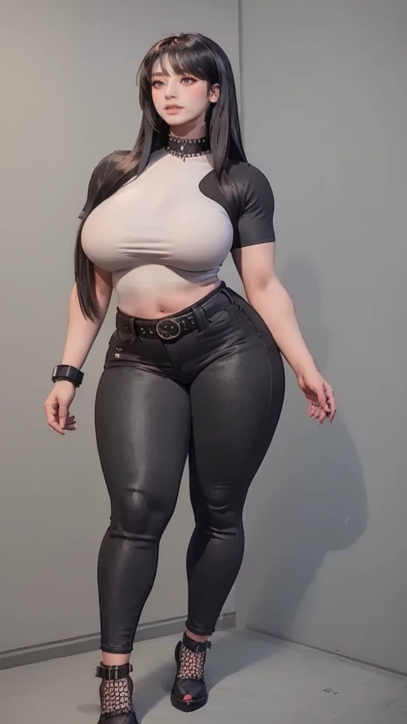 1girl,black camisole,low-cut spaghetti strap tank top,strap gap,black leather pants ,black gloves, black footwear,black belt, black jacket round waist, black clothes around waist,black hairband,covered navel, beautiful navel,high heels boots,high ponytail,Curly hair,very long hair hair,Jean Grey,teenage, collarbone,huge breasts,perky breasts,bursting breasts,ass,((big butt)), ((huge butt)),slimy,evil smile,curvy,mature body, large aerolae,cleavage,wide hips,slim waist,narrow waist,thick thighs,thighs,tight,Shiny hair,shiny skin,skin tight, sexy,slender body,slim legs, looking at viewer,solo focus,standing,(((masterpiece))), (((best quality))), ((ultra-detailed)), (detailed light),((an extremely delicate and beautiful)),beautiful detailed eyes, perfect composition, perfect anatomy,(((Beautiful thighs and legs that are very supple and chewy))),detailed face,see through clothes, (breast exposure), (hanging breasts), (breasts apart), cowboy shot,(detailed black tank top),(perfect proportion),beautiful detailed clothes, perfect finger,{{{{extremely detailed body}}}},thigh gap,proportional huge breasts,Highly detailed women,fine detail,bra strap, beautiful body, perfect face