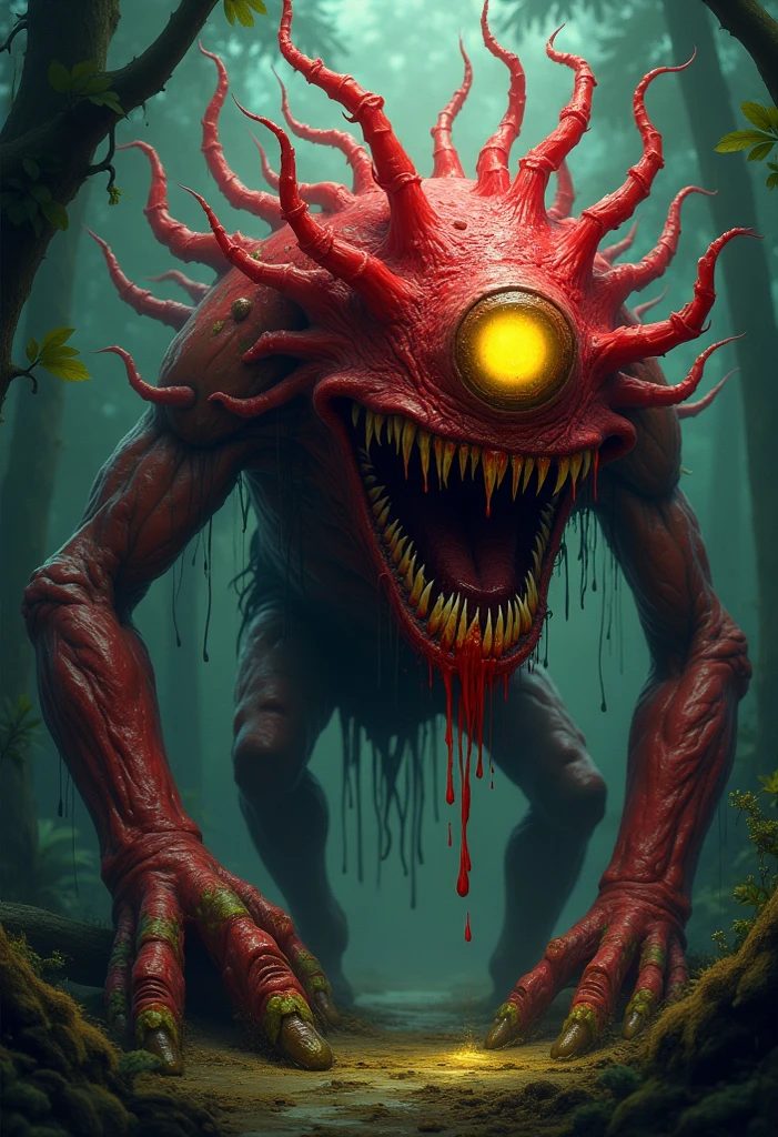 raw photo,photorealistic,cinematic shot,realism,intricate detail,taken on a fujifil camer,professional lighting,a lovecraftian slime demon covered in slime, rises from slimy abyss to consume the souls of the living, veins, red flesh, slime monster, goopy slime.